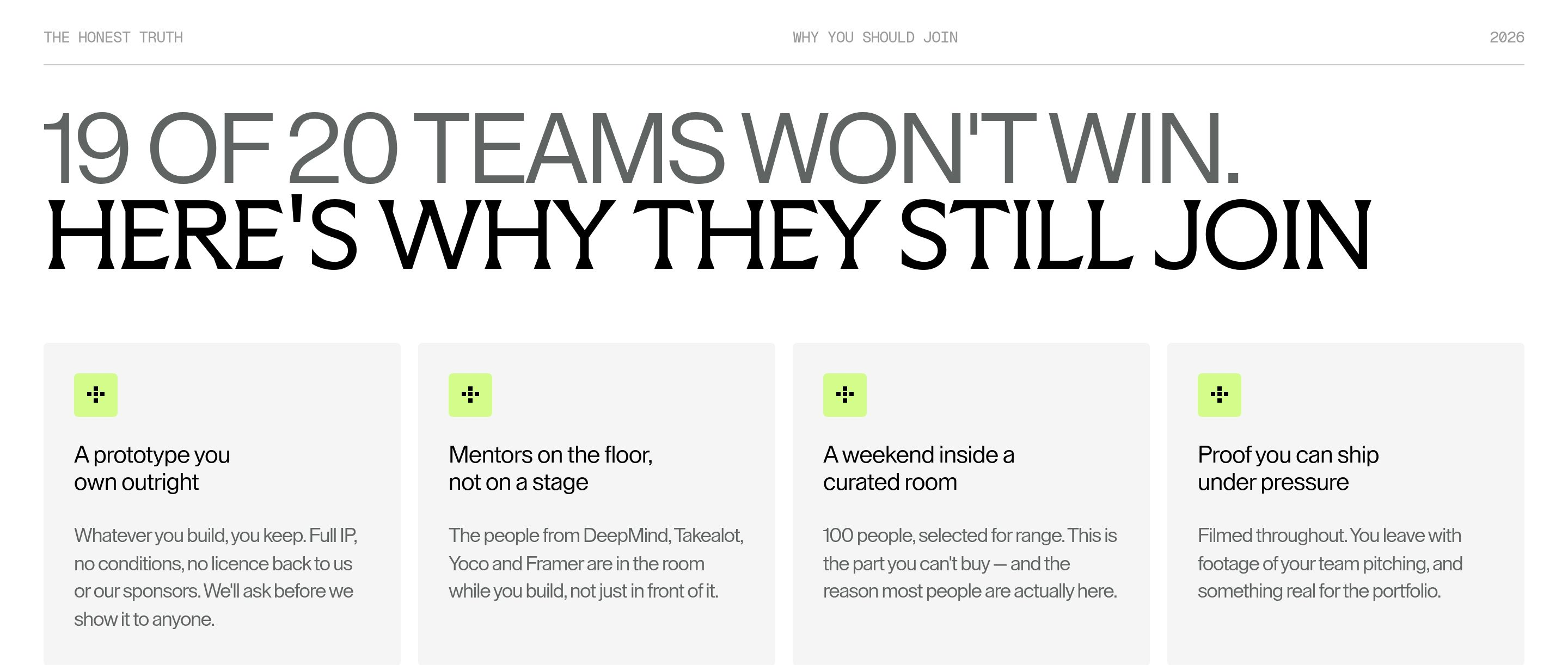 Builders Table join-reasons section: oversized two-line headline above four pale cards with lime icons