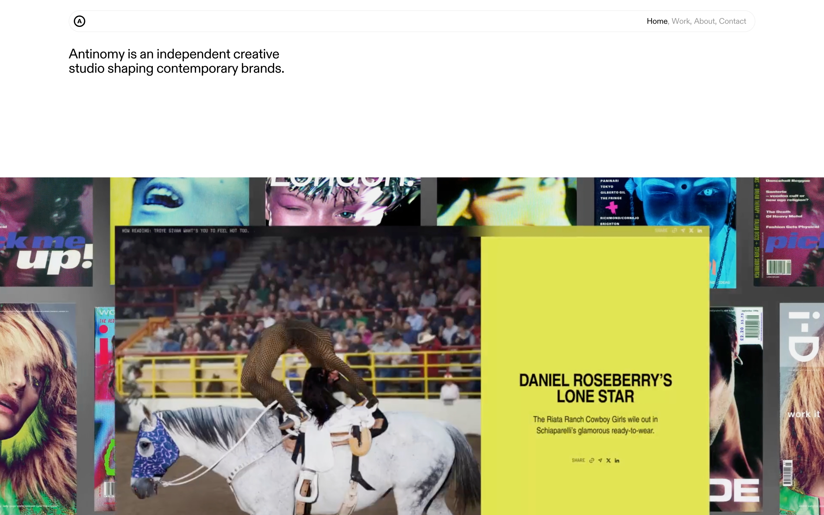 Antinomy Studio hero with pill nav, studio tagline, and overlapping fashion magazine collages
