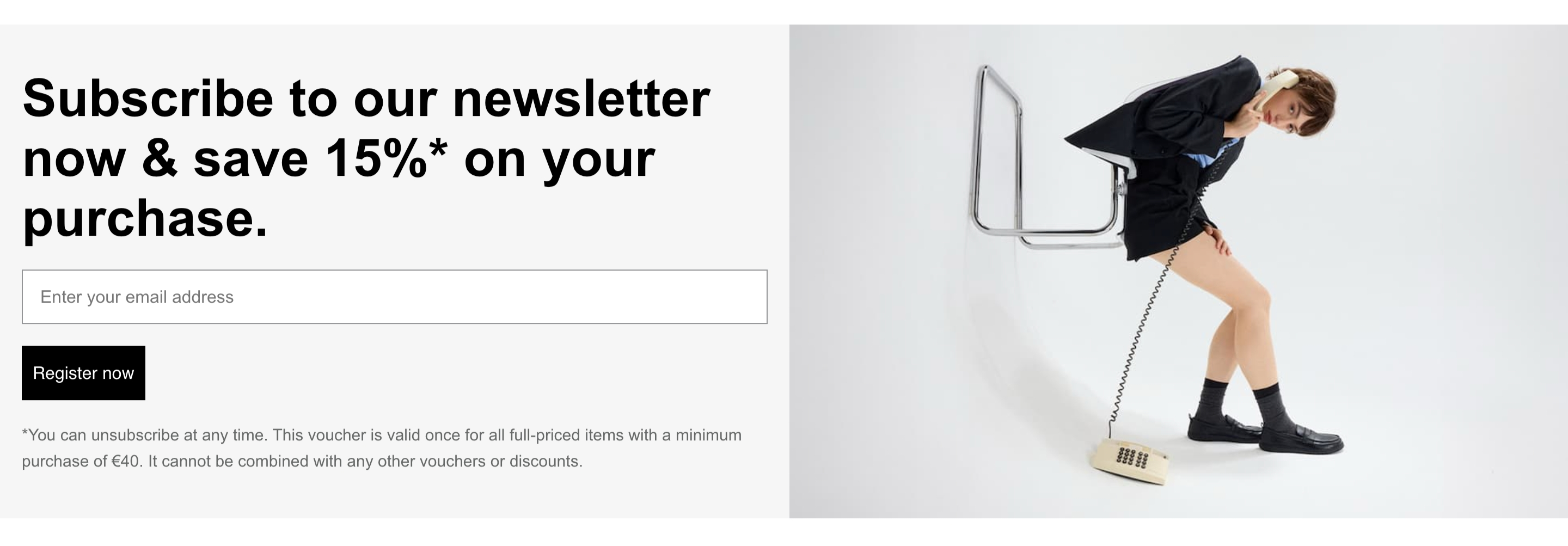 Groundies newsletter signup: 15% offer form beside a fashion photo of a model with a vintage telephone.