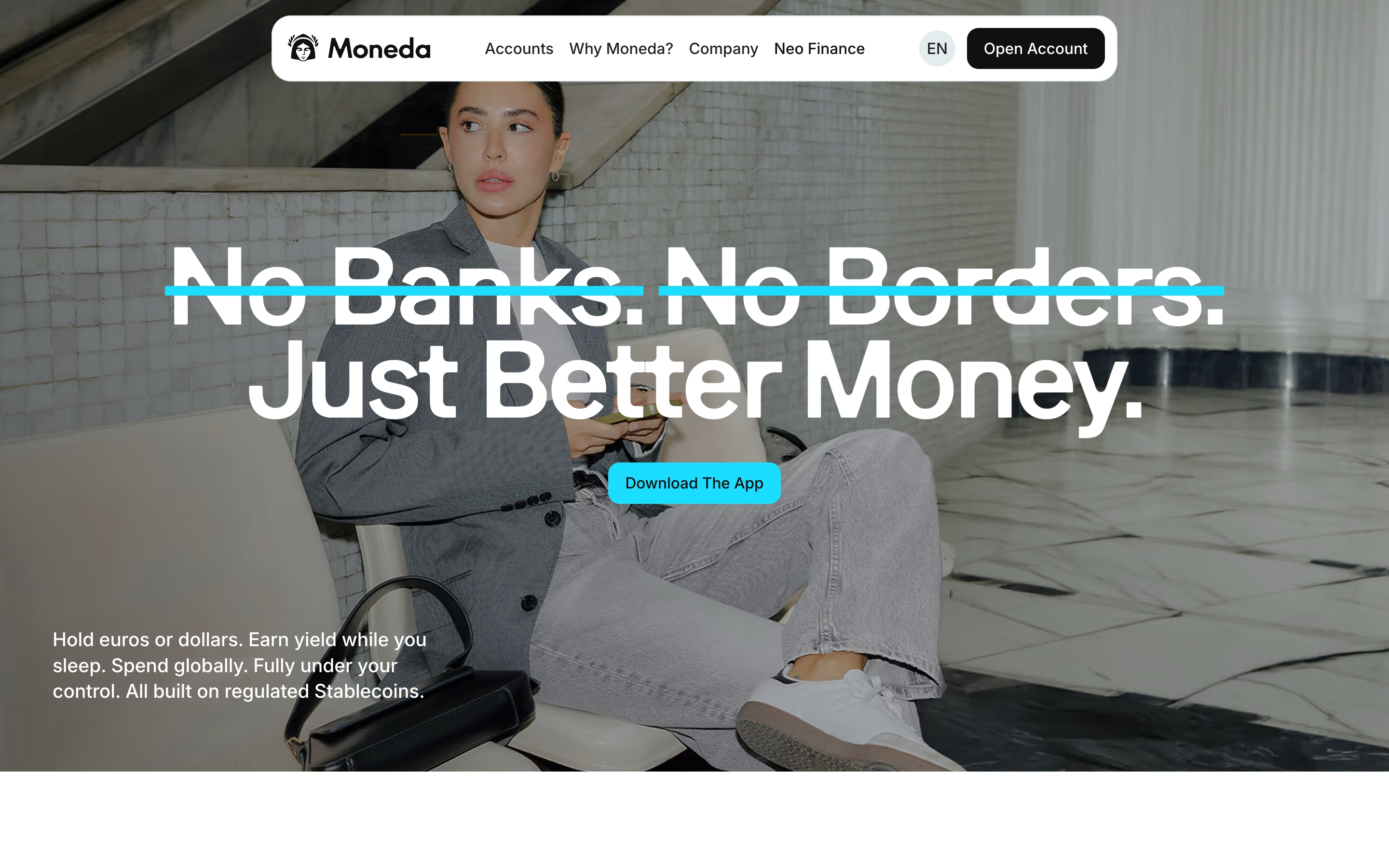Moneda hero with floating nav, lifestyle photo of a woman, oversized headline, and cyan Download The App button