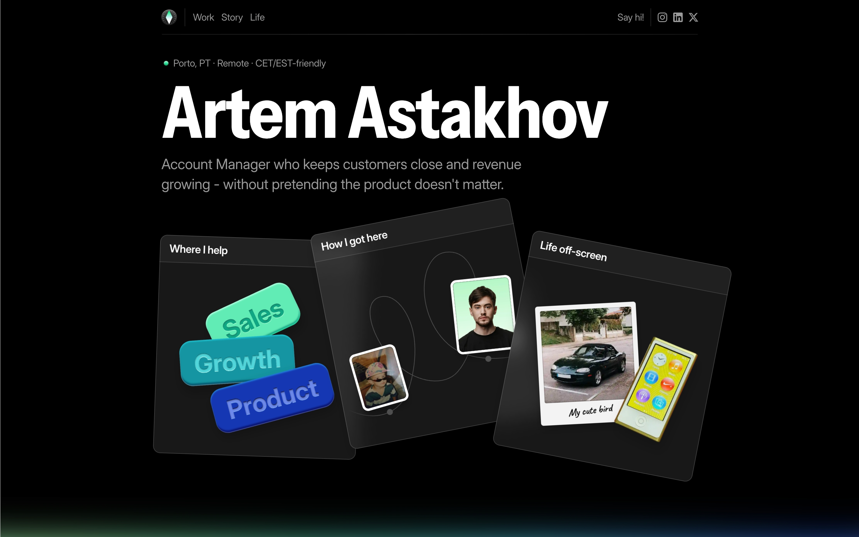Artem Astakhov dark hero: oversized name, account-manager line, and three overlapping section preview cards.