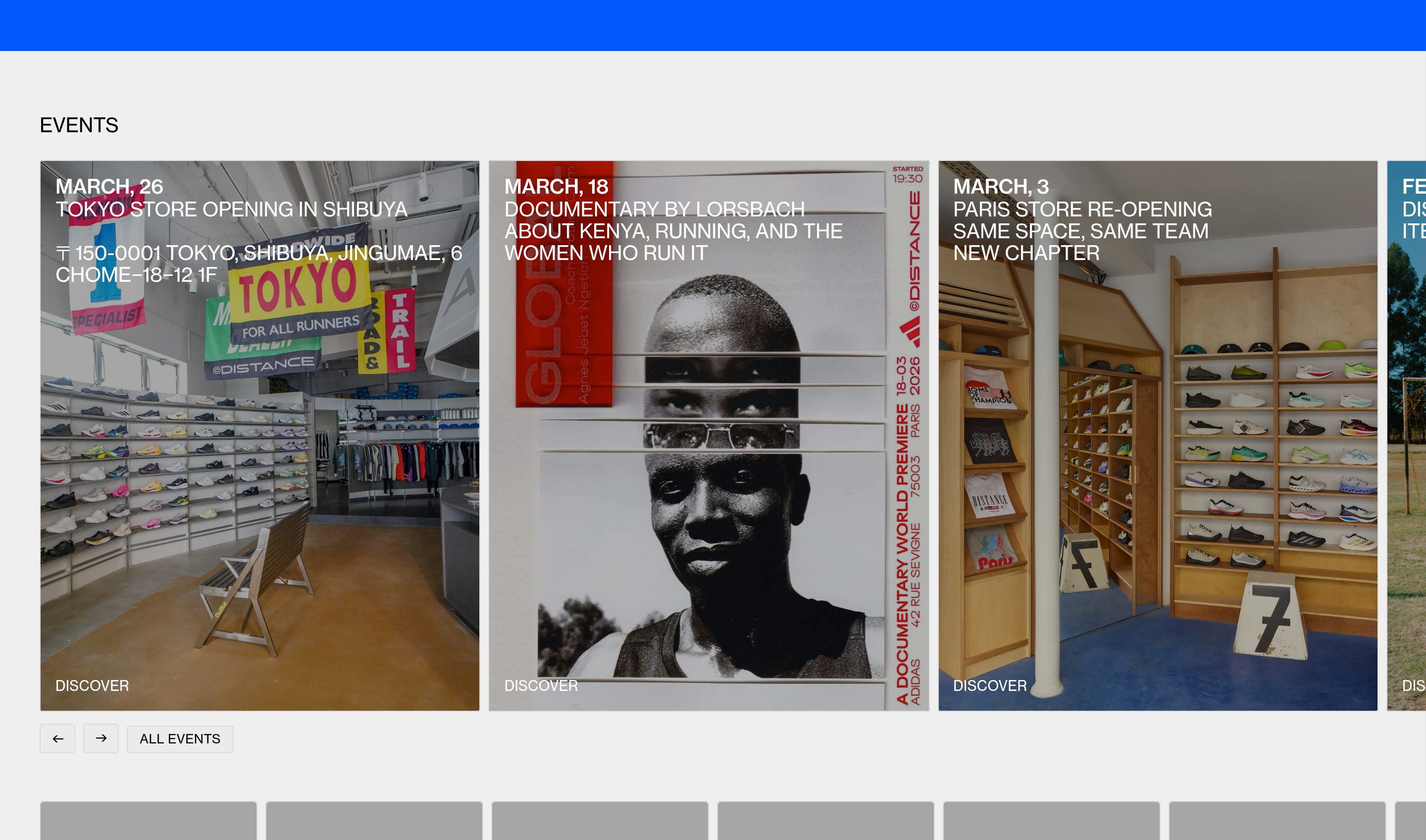 Distance Events section with photo cards for Tokyo opening, Kenya documentary, and Paris reopening