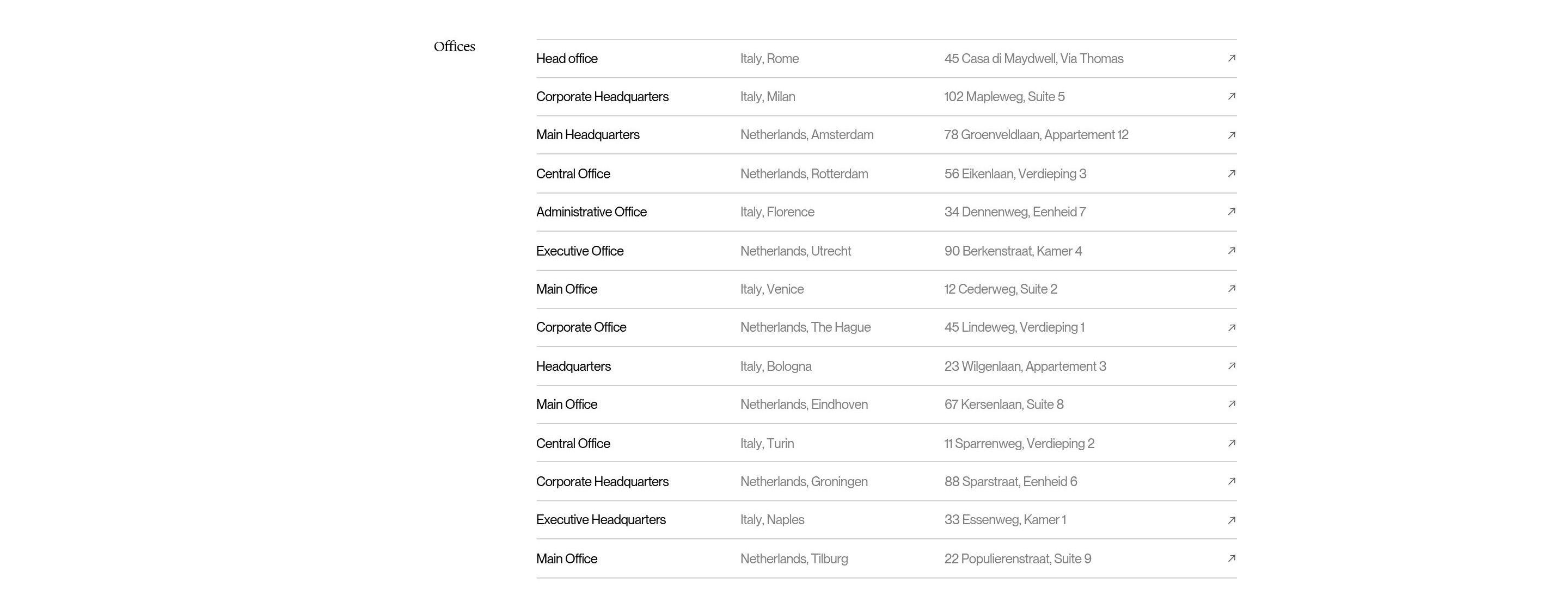 Kononenko Architectural Bureau offices list with Italian and Dutch addresses in a four-column table