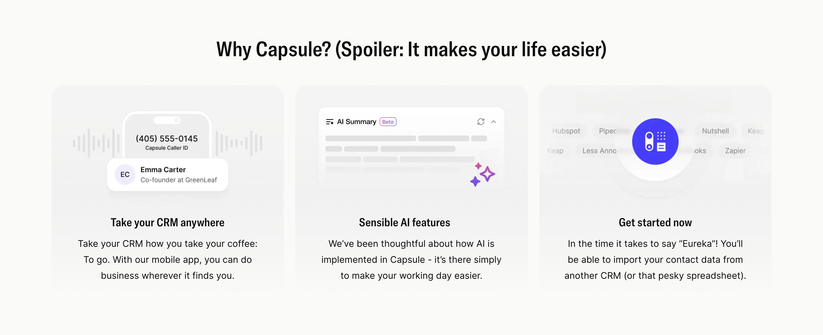 Capsule CRM Why Capsule section with three cards for mobile CRM, AI summary, and contact import.
