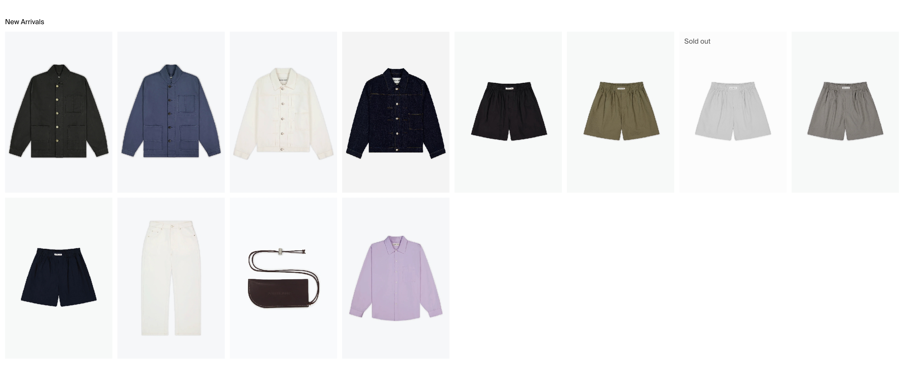 Porter James New Arrivals product grid with isolated jackets, shorts, trousers, pouch and shirt on pale tiles, one sold out