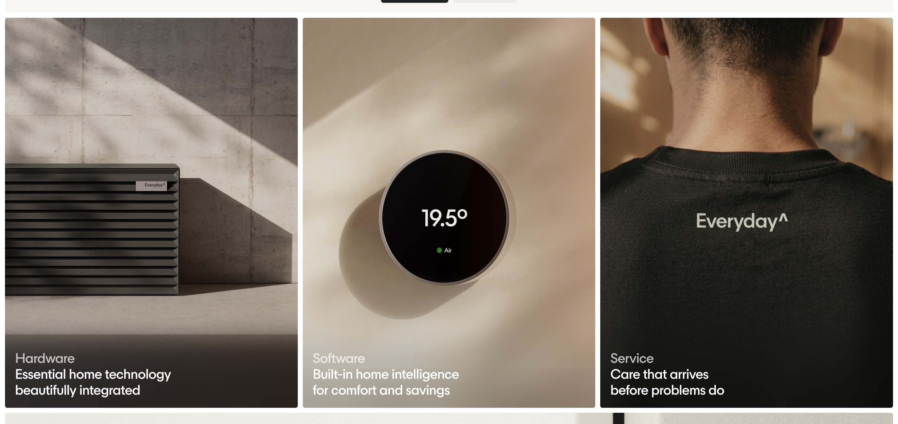 Everyday features gallery: three cards for Hardware, Software, and Service with unit, thermostat, and shirt photos