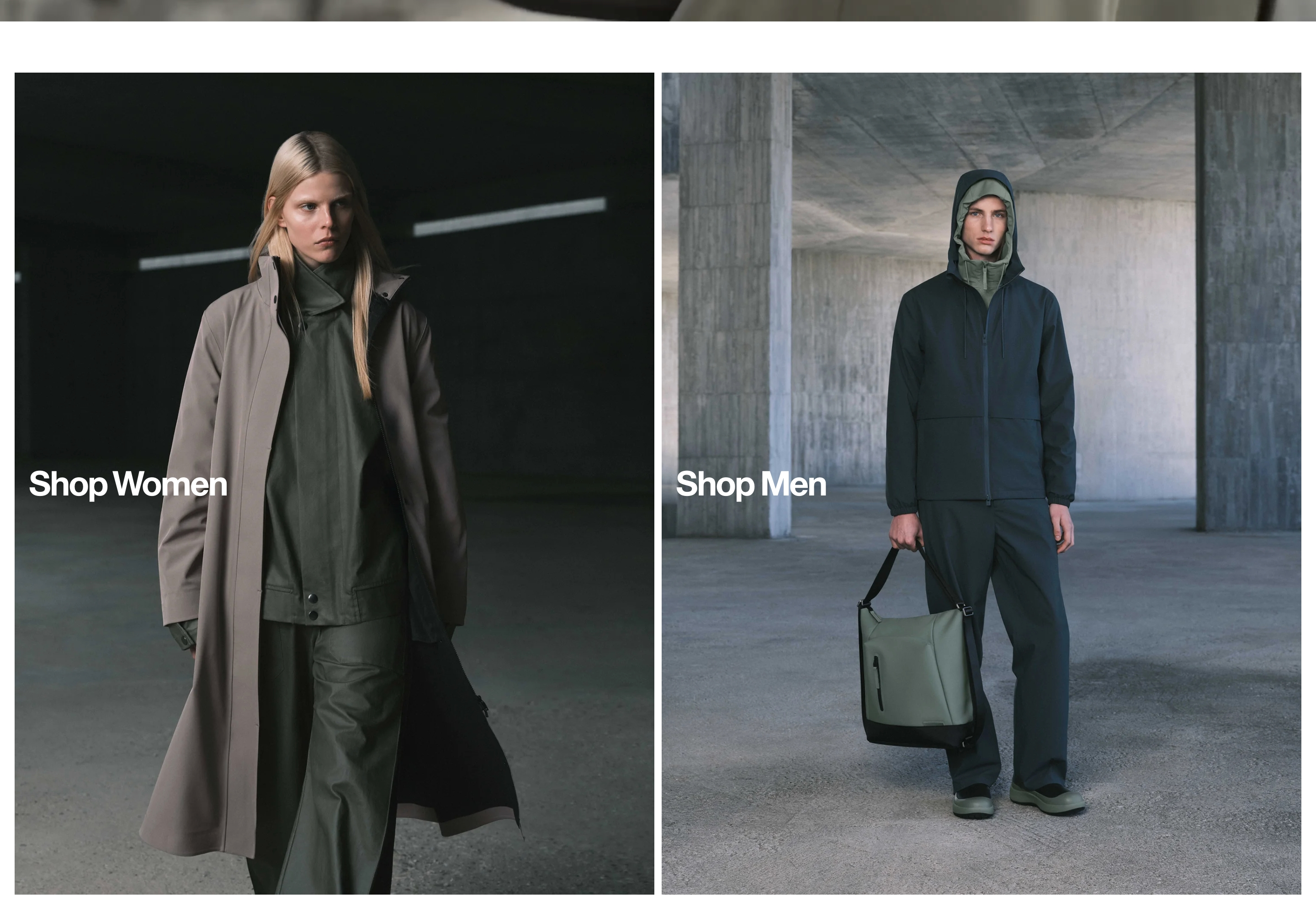 Rains two-column gender gallery: Shop Women taupe coat look and Shop Men navy rainwear with bag