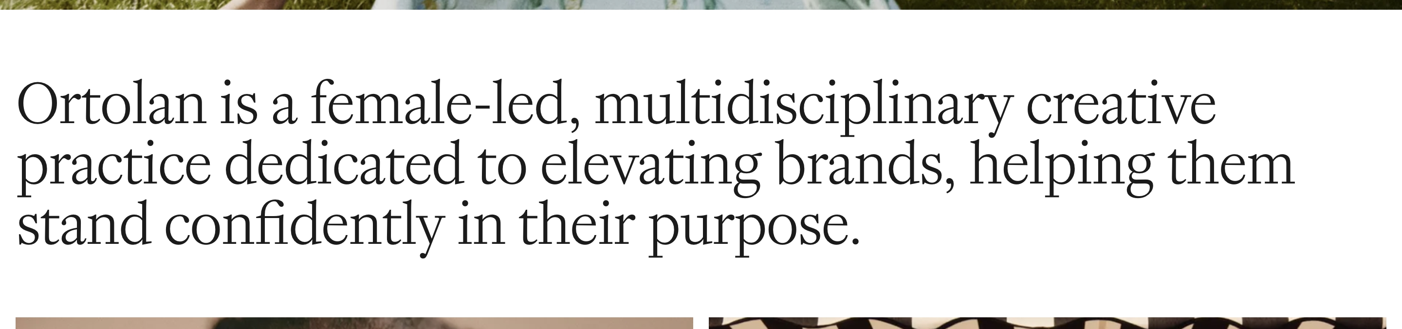Ortolan about overview: large black serif paragraph on white, cropped photos along the top and bottom edges.