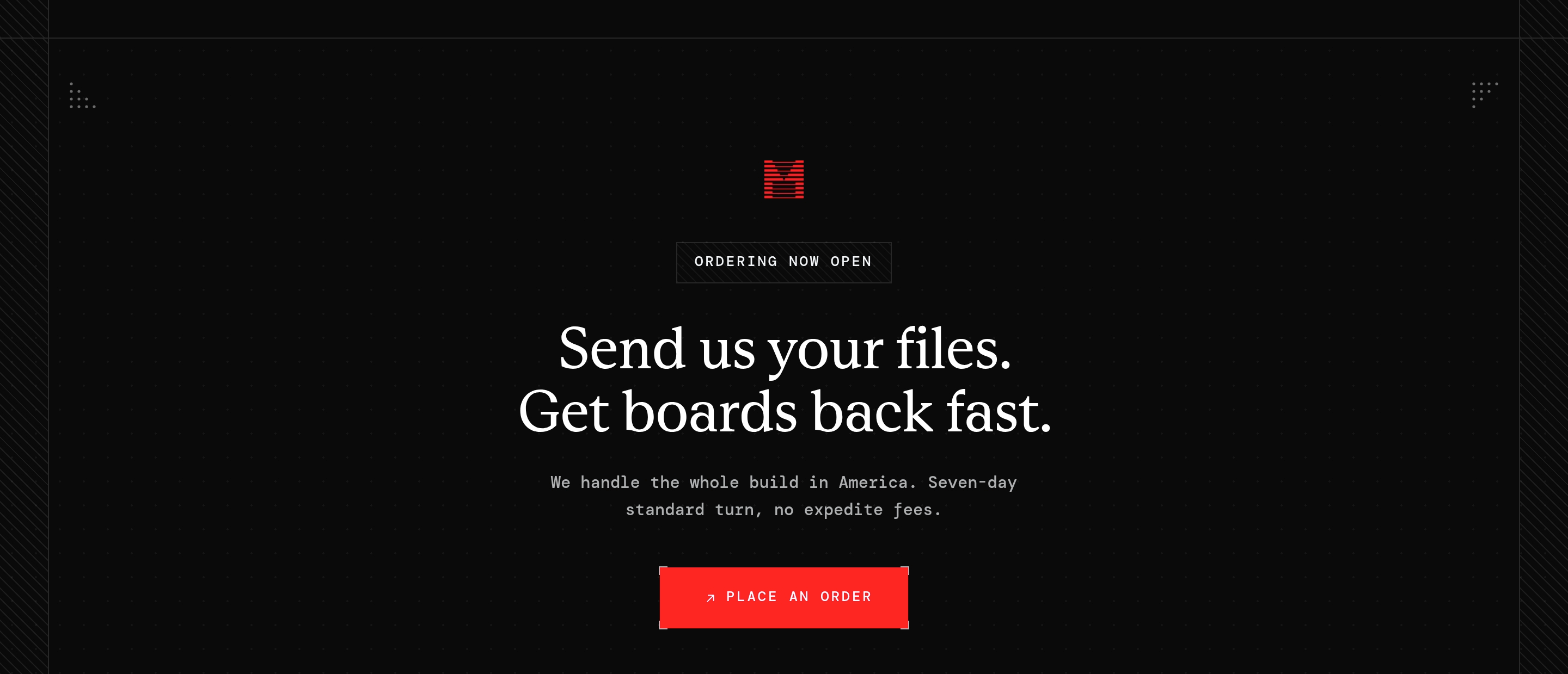 ProvenMetal dark centered CTA with red logo, Ordering Now Open badge, serif files-and-boards headline, and red Place an Order button