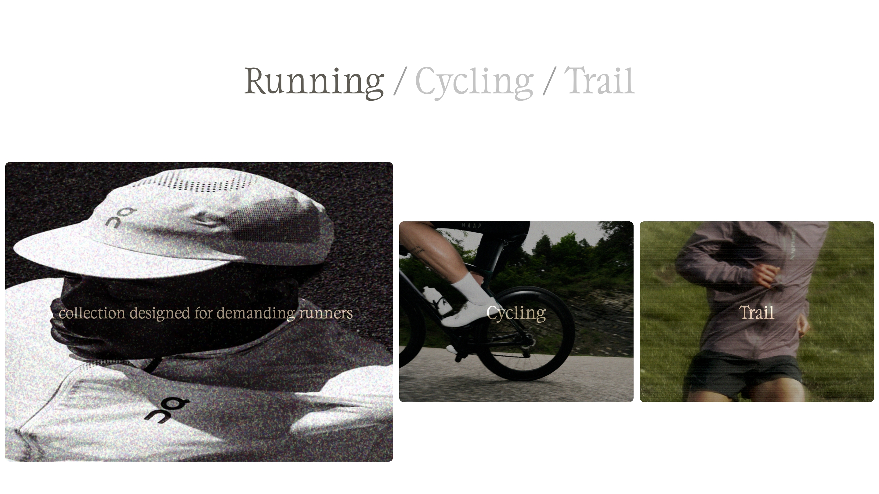 Apt Curation category section with large Running photo and smaller Cycling and Trail cards