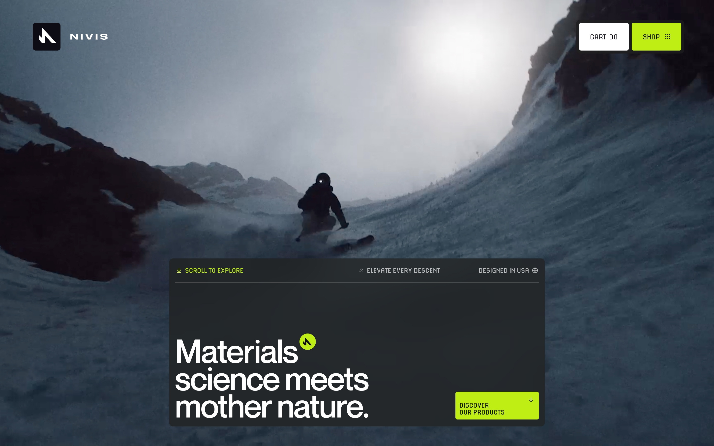 Nivis Gear hero: skier in powder with a dark overlay reading Materials science meets mother nature.
