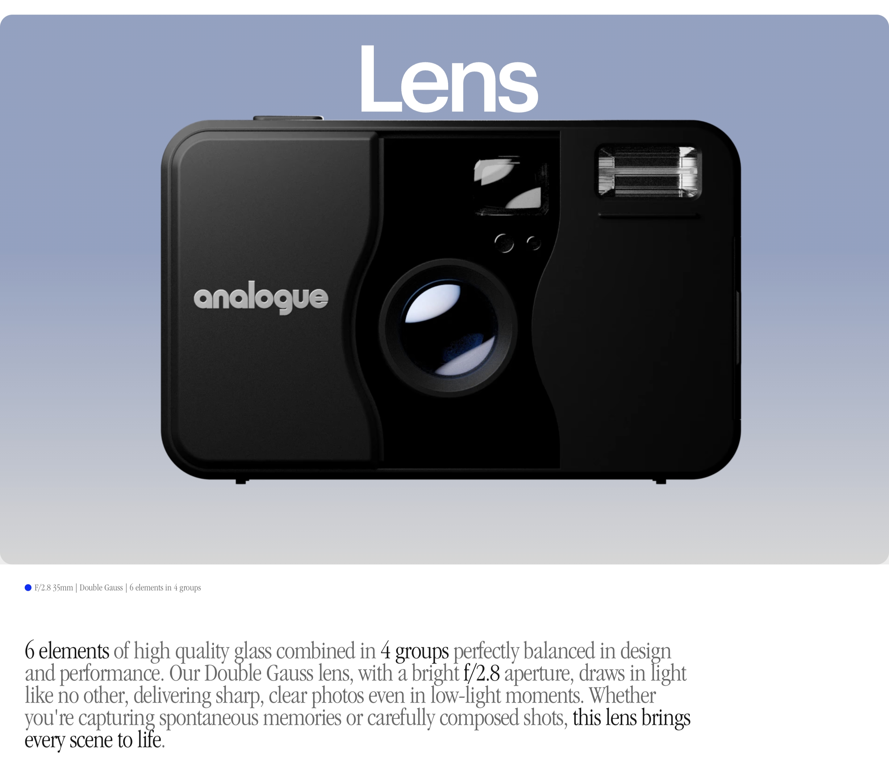 Analogue aF-1 lens section showing a black compact camera, oversized Lens title, f/2.8 specs, and serif copy.