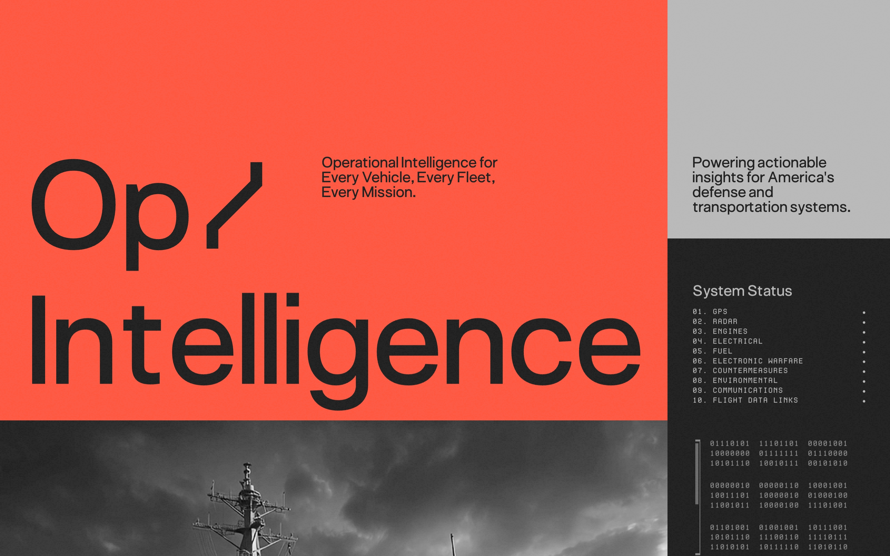 Shift5 hero with oversized Op/Intelligence type on coral, system status list, binary data, and a warship photo.
