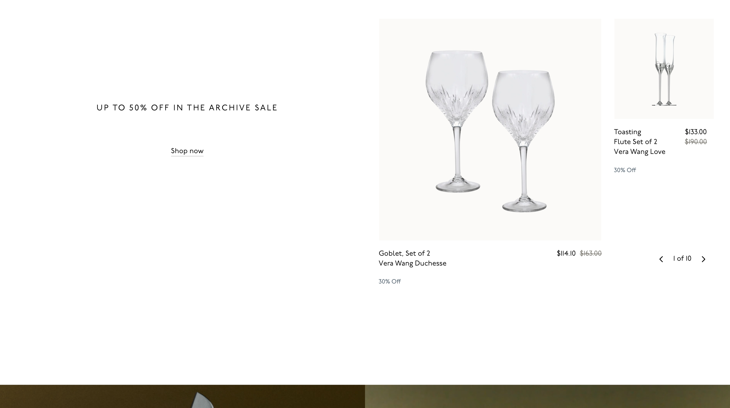 Wedgwood featured product carousel with Archive Sale headline, Vera Wang goblets, and a smaller flute set