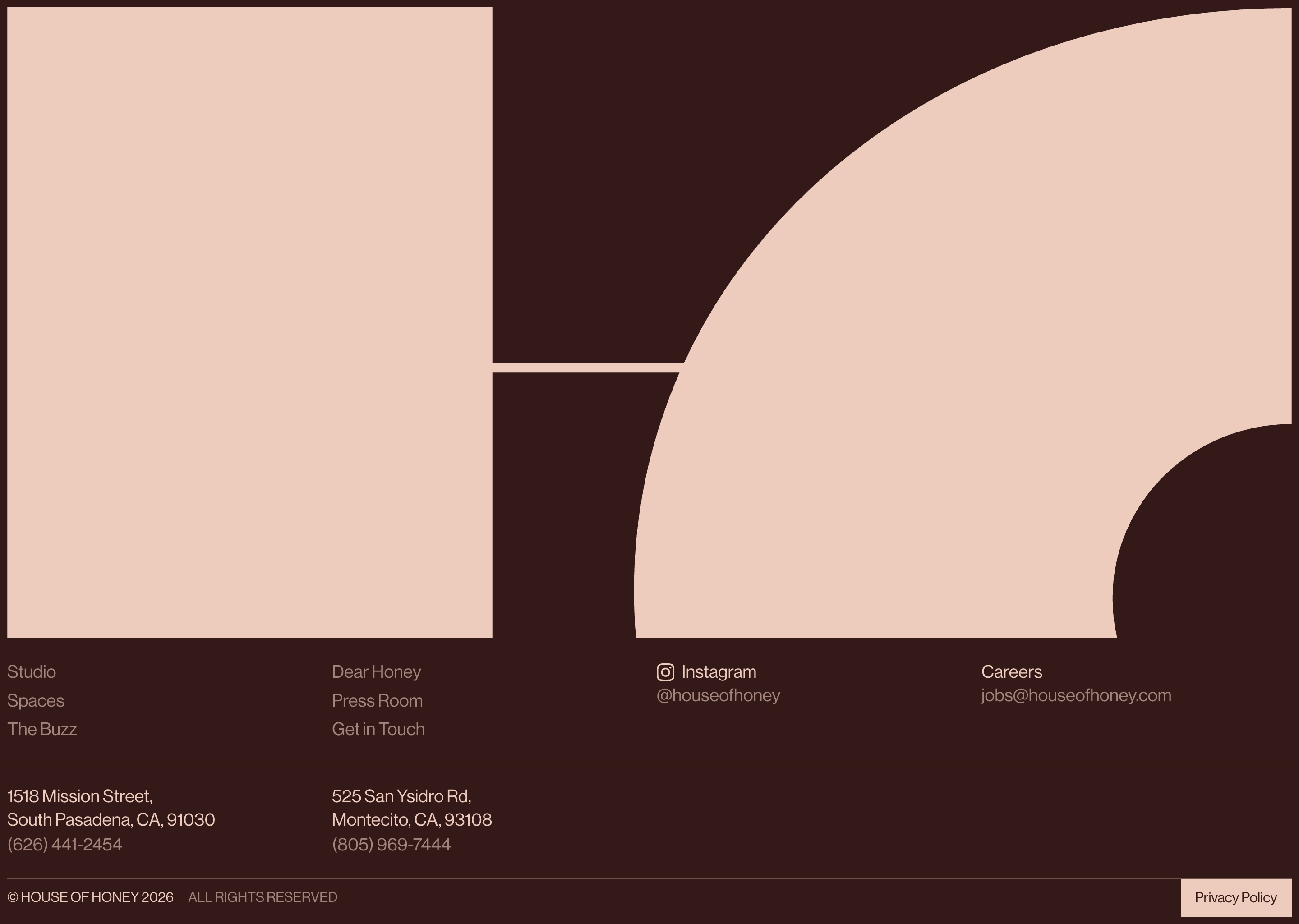 House of Honey footer with blush H graphic, nav links, Instagram, careers, two addresses, and copyright.