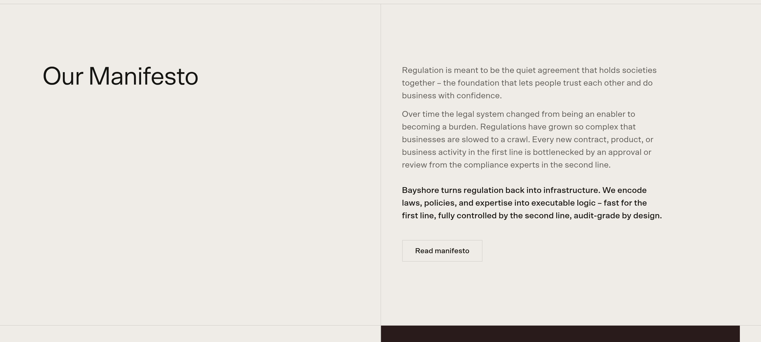 Bayshore manifesto section with Our Manifesto title left and three paragraphs plus Read manifesto button right.