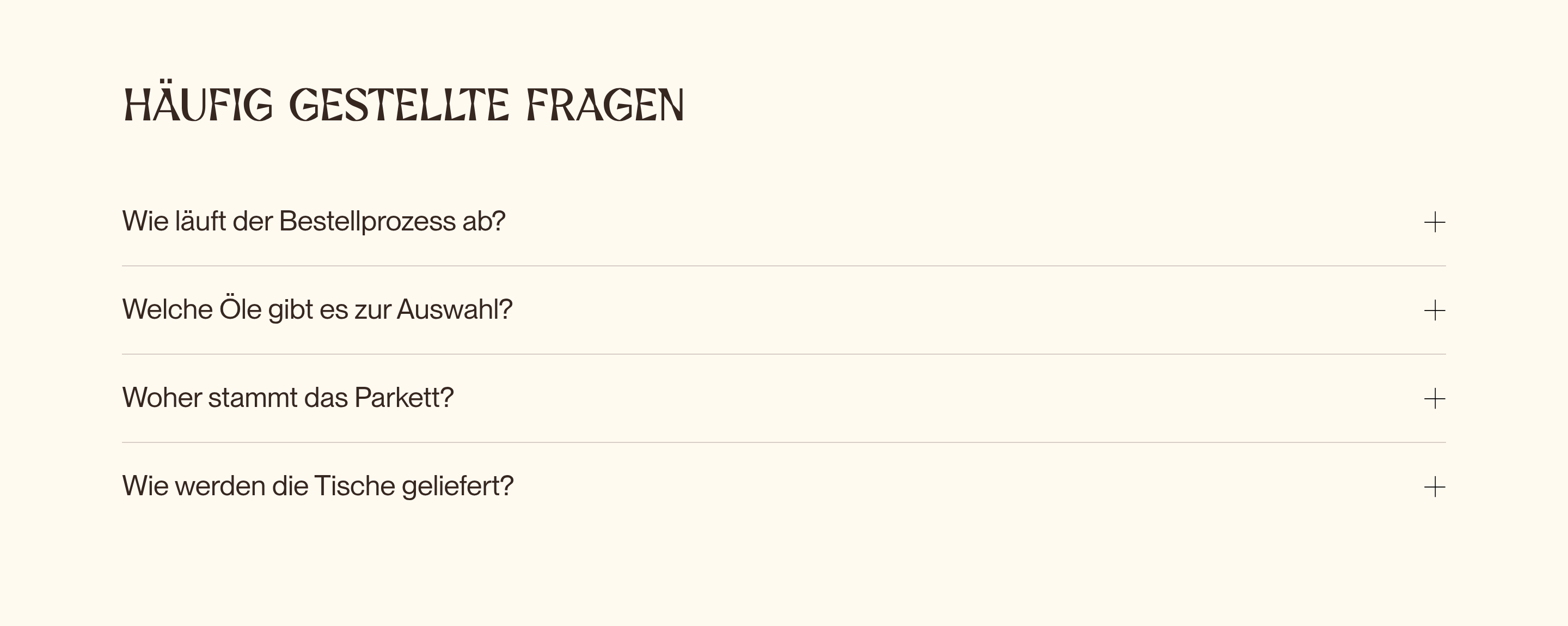 Fisch und Tisch FAQ on cream: all-caps serif heading and four German questions with plus icons