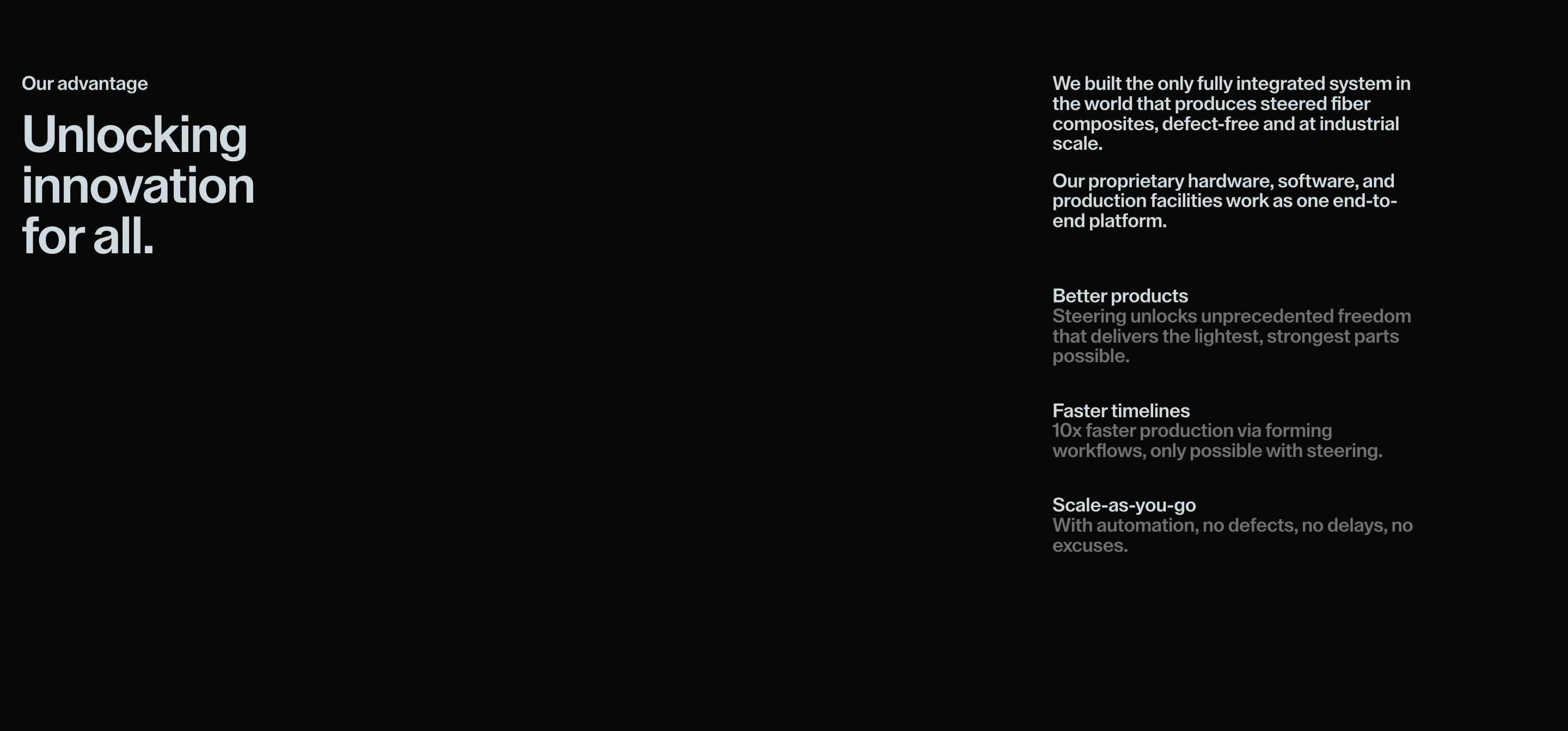 Icomat Our advantage section: dark two-column layout, large headline left, three benefit blocks right.