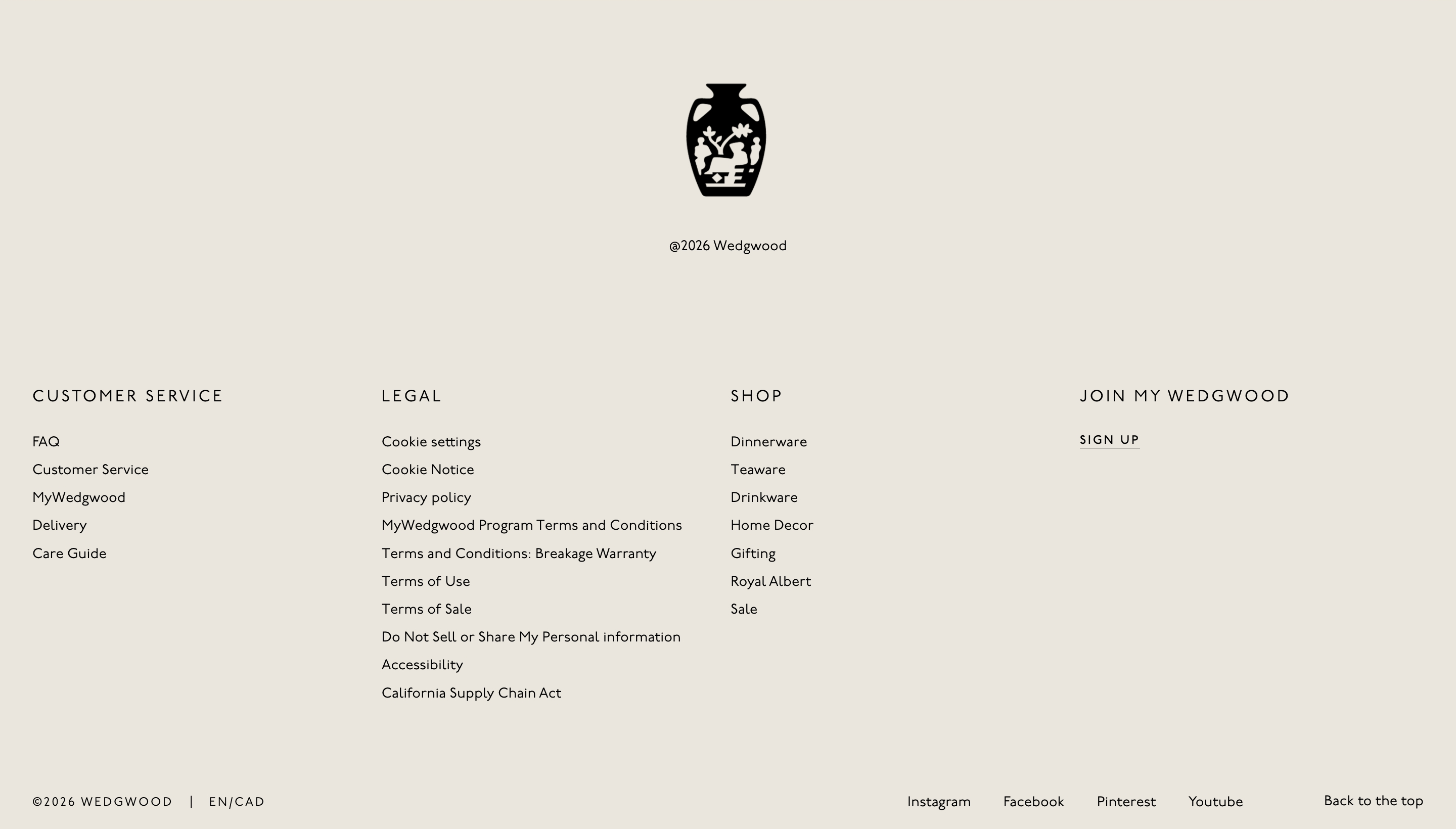 Wedgwood footer with centered vase logo, four link columns, copyright, and social links on cream.