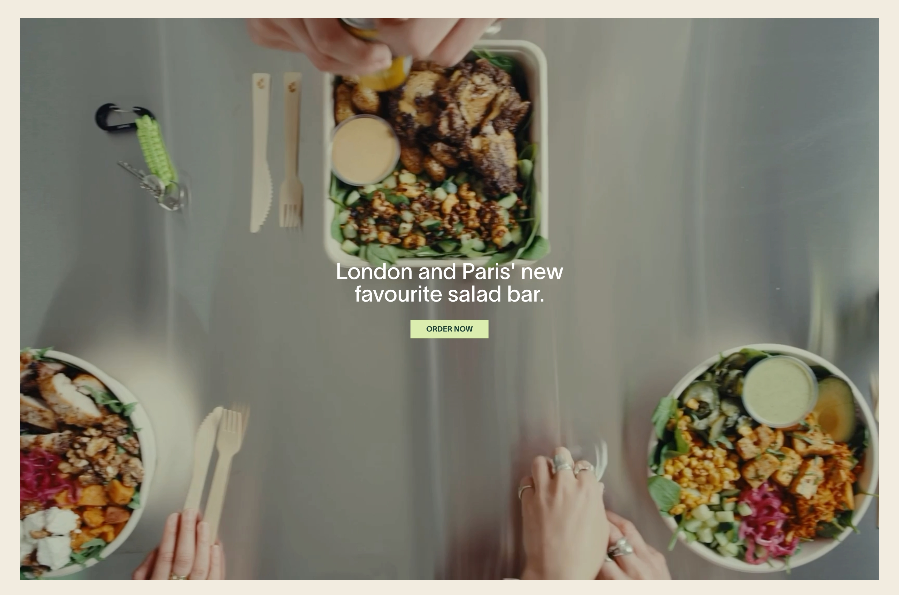 The Salad Project brand intro: overhead salad bowls on a metal table, centered headline, and pale green Order Now button