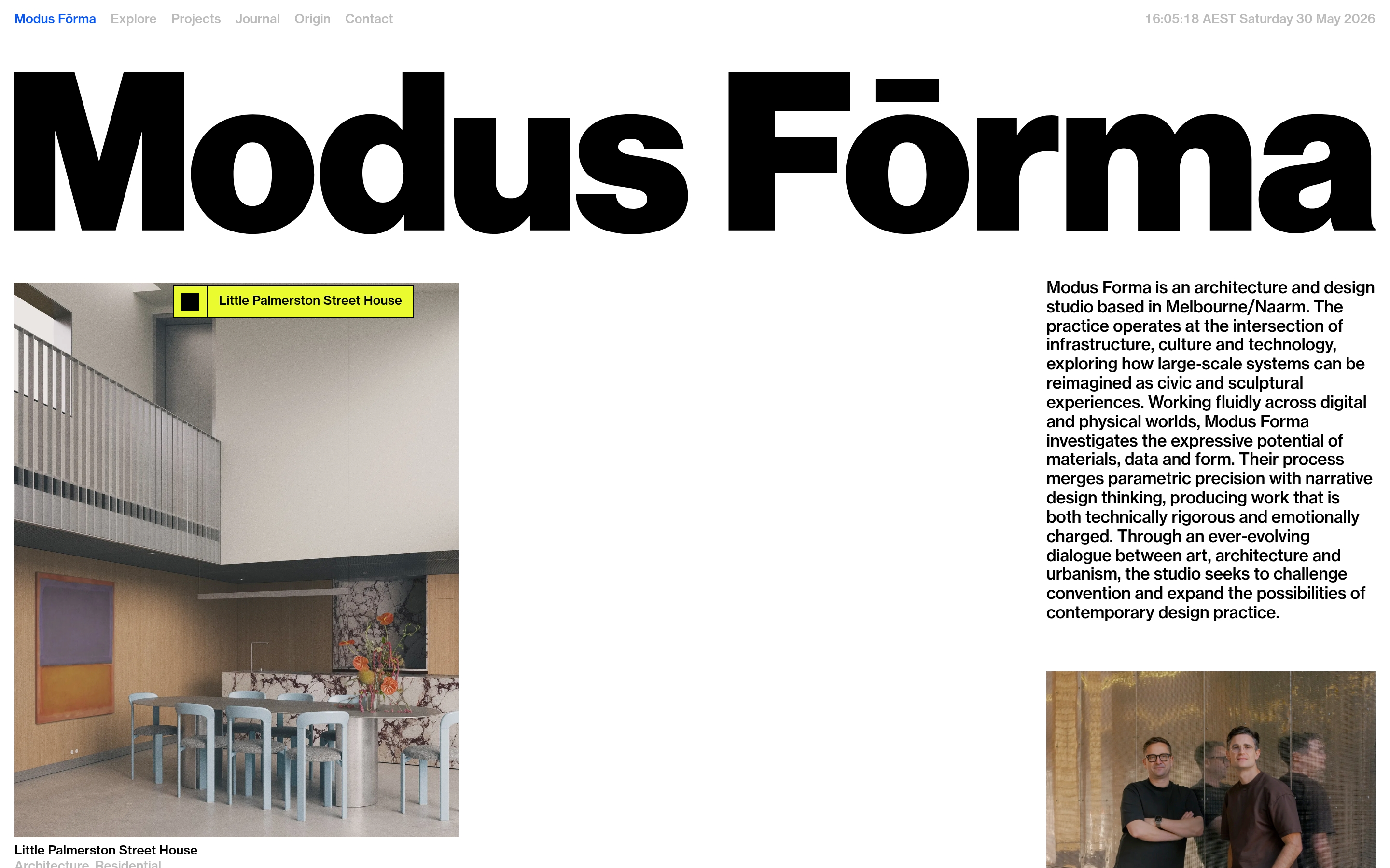Modus Fōrma hero with oversized wordmark, Little Palmerston Street House interior, studio text, and two-person portrait.