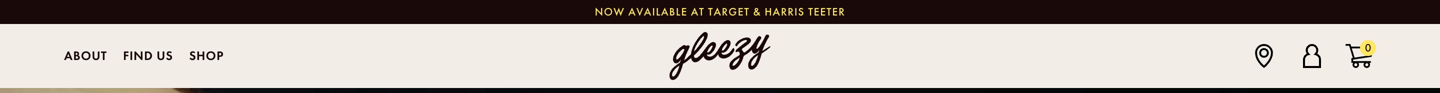 Gleezy announcement banner with gold all-caps Target and Harris Teeter text on a dark brown bar.