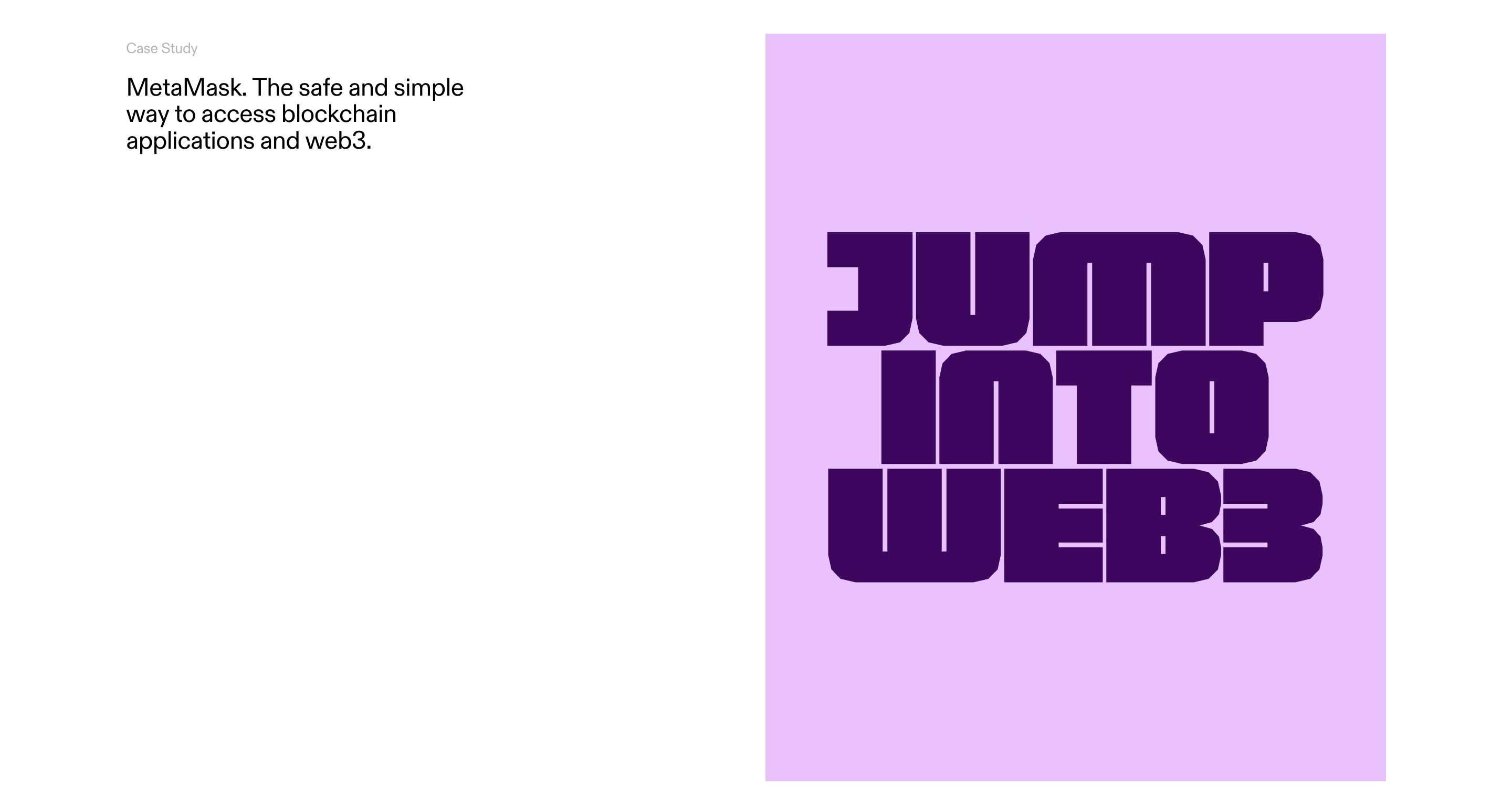 Antinomy Studio MetaMask case study: left-side copy beside a lavender square reading JUMP INTO WEB3.