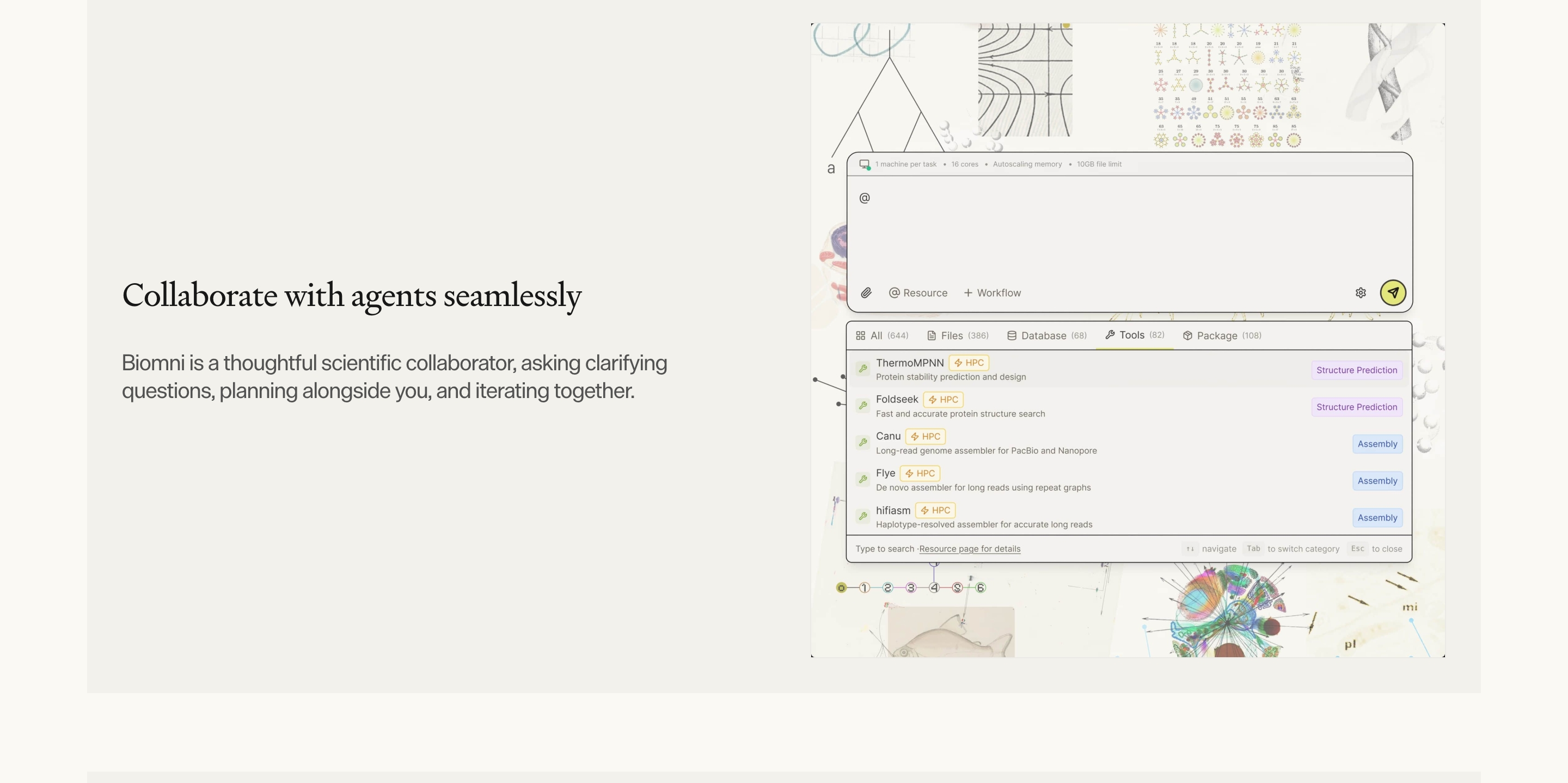 Phylo feature: Collaborate with agents copy beside a Biomni tools UI over scientific diagrams.