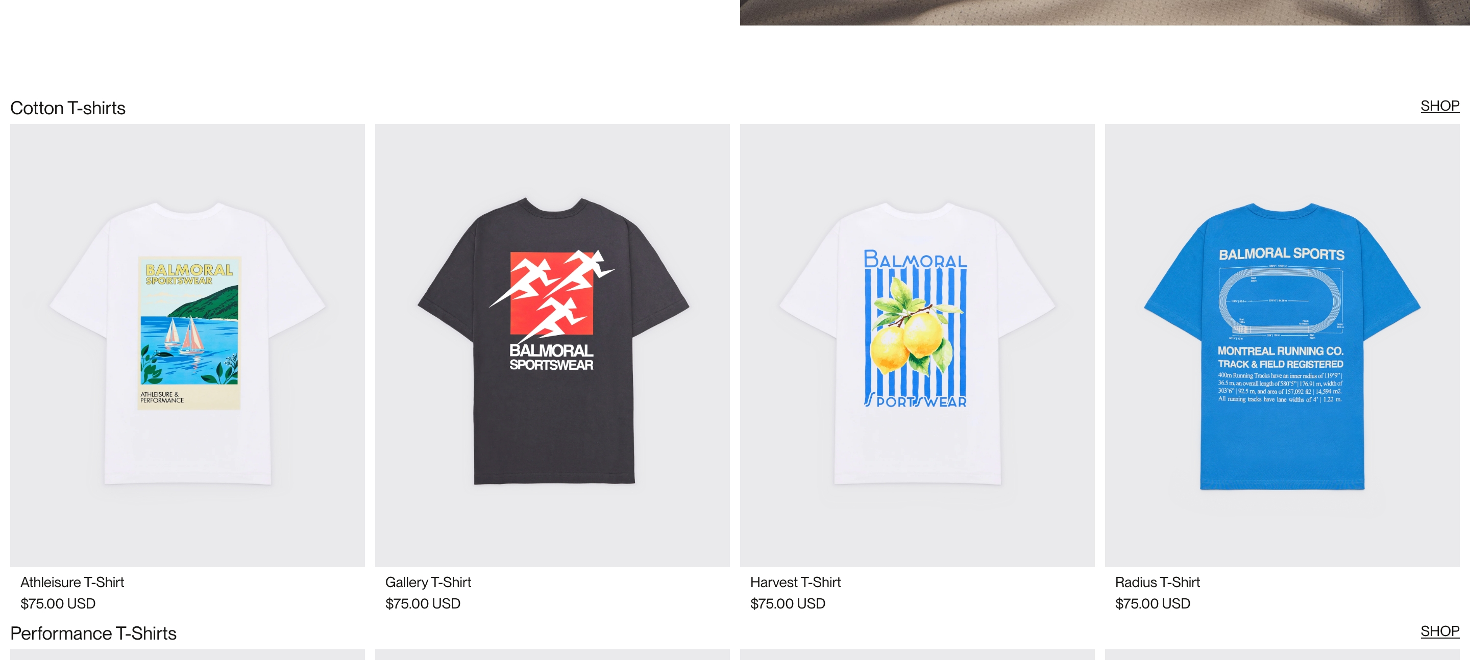 Balmoral Running cotton T-shirt product grid with four graphic tees, names, and $75 prices