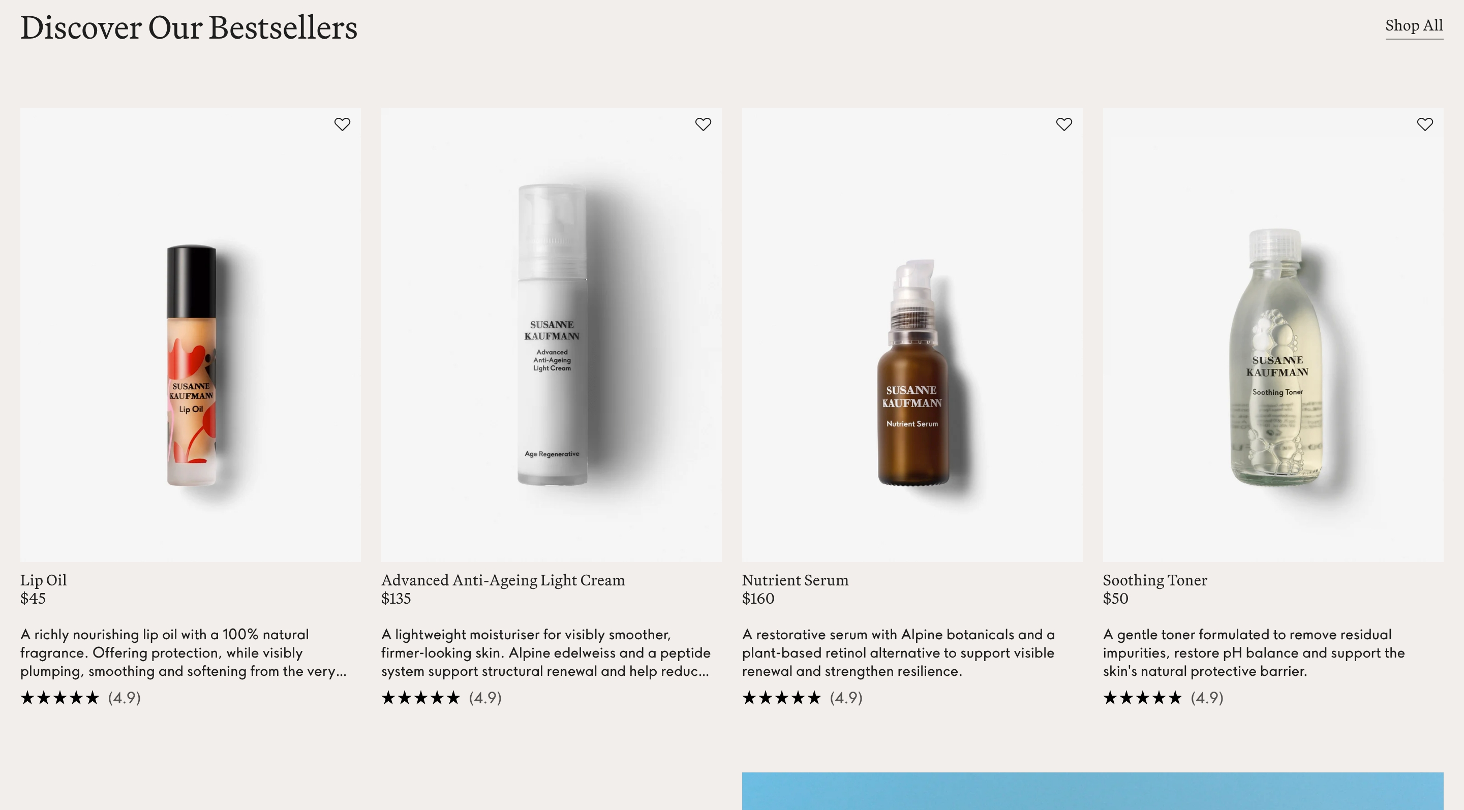 Susanne Kaufmann bestsellers product grid with four skincare bottles, prices, blurbs, and ratings