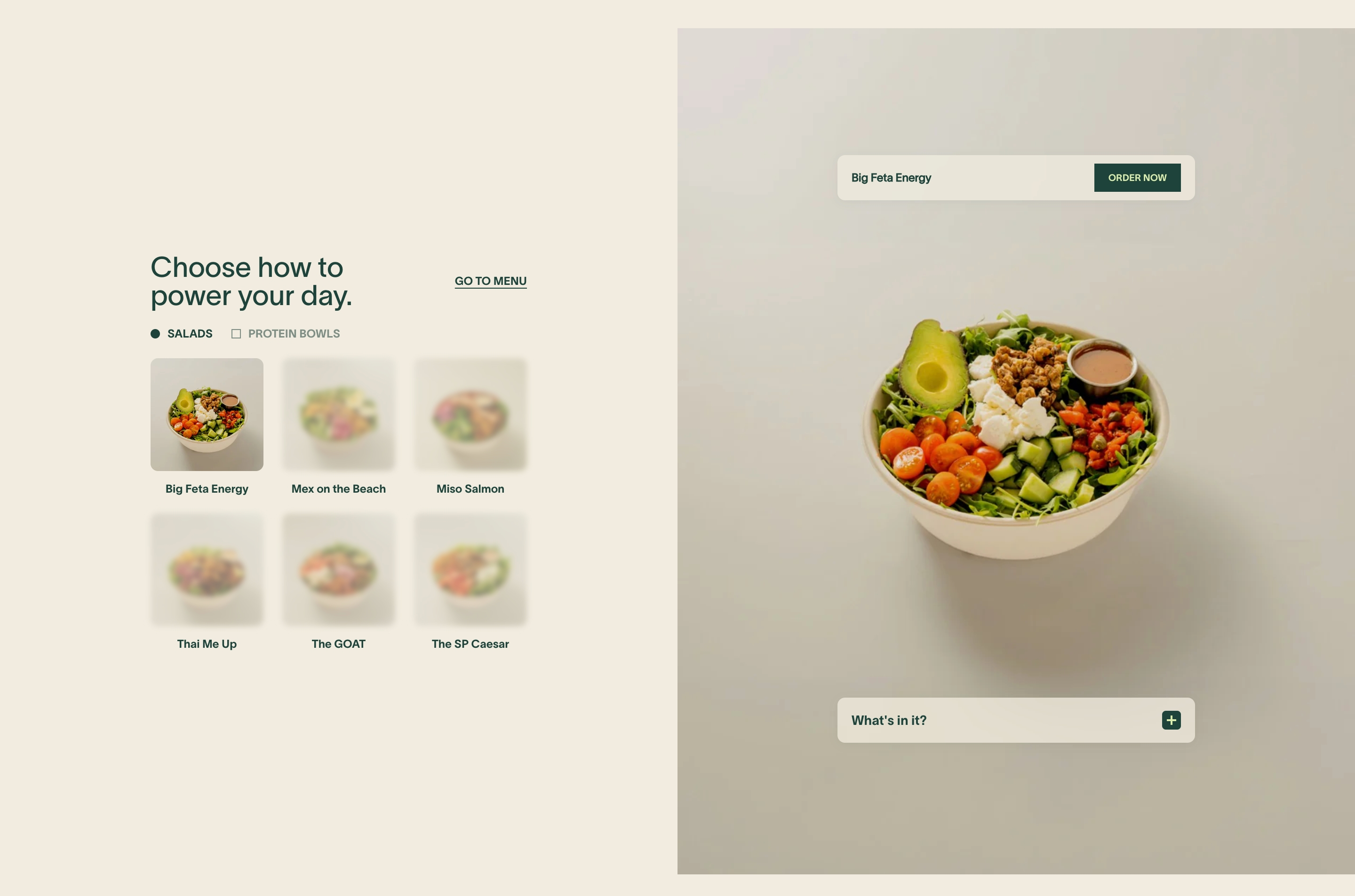 The Salad Project product menu: salad thumbnails left, large Big Feta Energy bowl photo with Order Now right