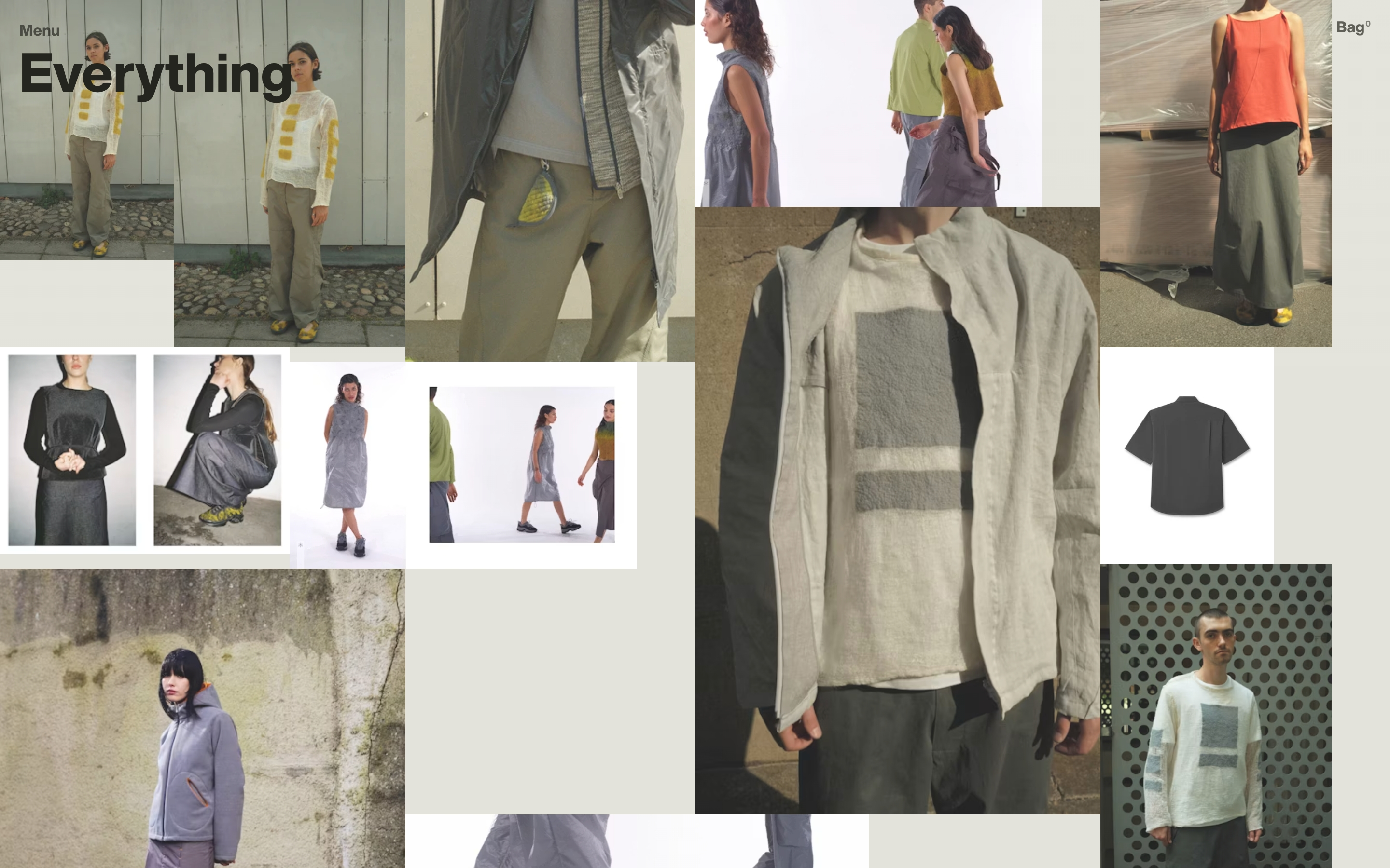 Sturla London hero: Everything heading over an asymmetric collage of fashion lookbook photos, Menu and Bag.