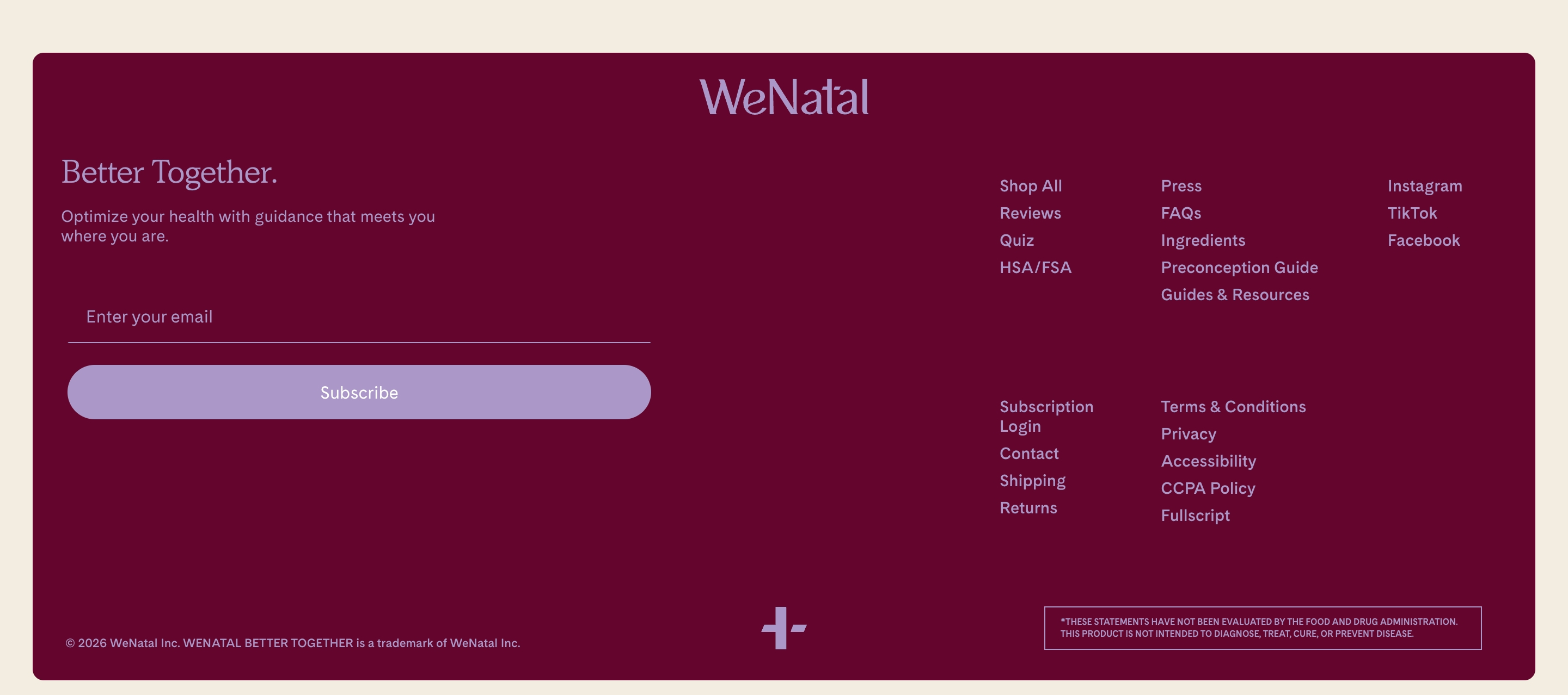 WeNatal footer with email subscribe form, link columns, plus mark, and FDA disclaimer on burgundy