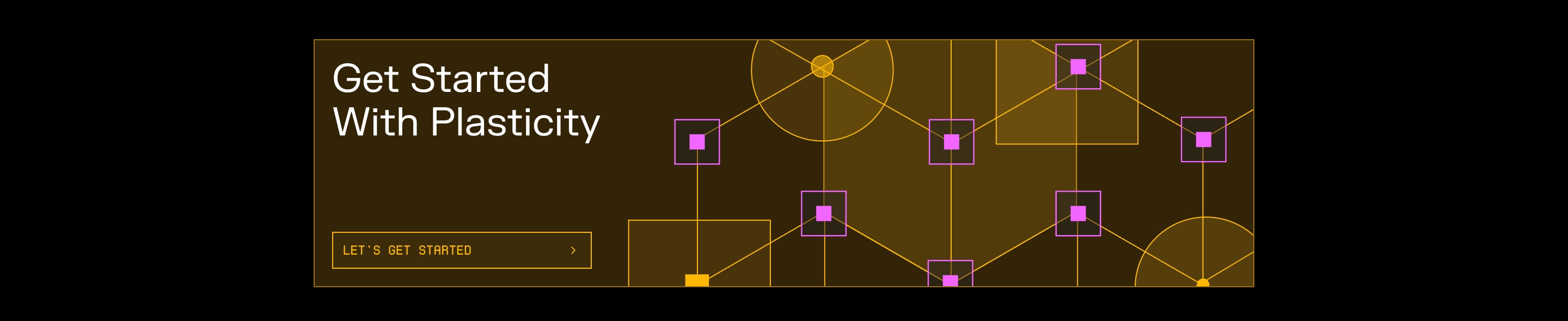 Plasticity get-started CTA: white headline and outlined button left of a yellow CAD diagram on a dark amber banner.