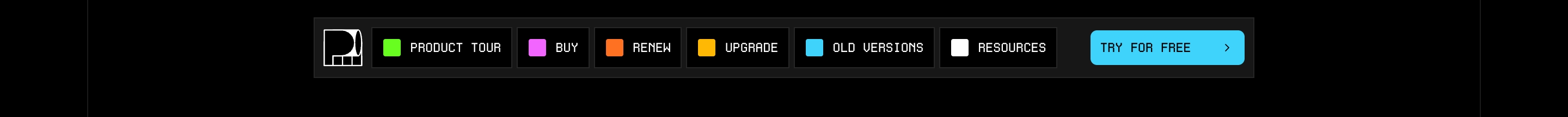 Plasticity header: dark bar with P logo, color-swatch nav items, and cyan Try for Free button