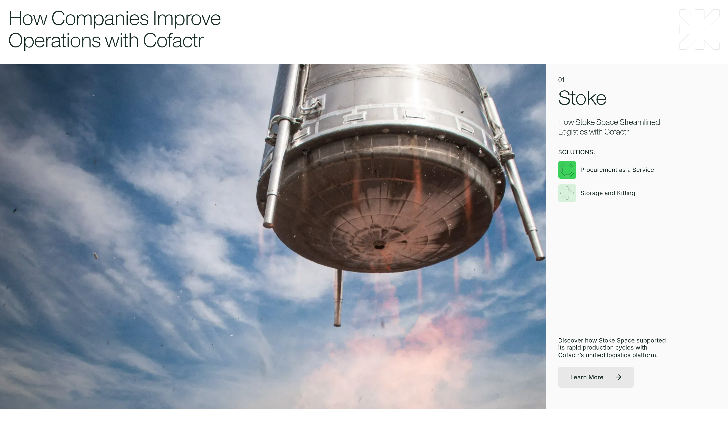 Cofactr case study section with a Stoke Space story, rocket photo left and numbered details right.