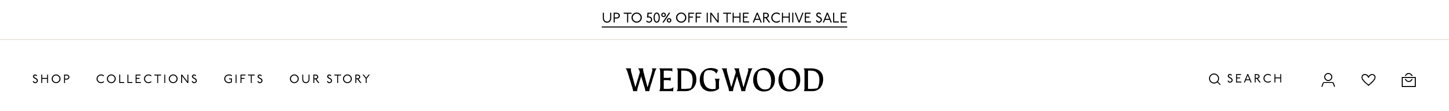 Wedgwood header with centered Archive Sale announcement, nav links, logo, and utility icons