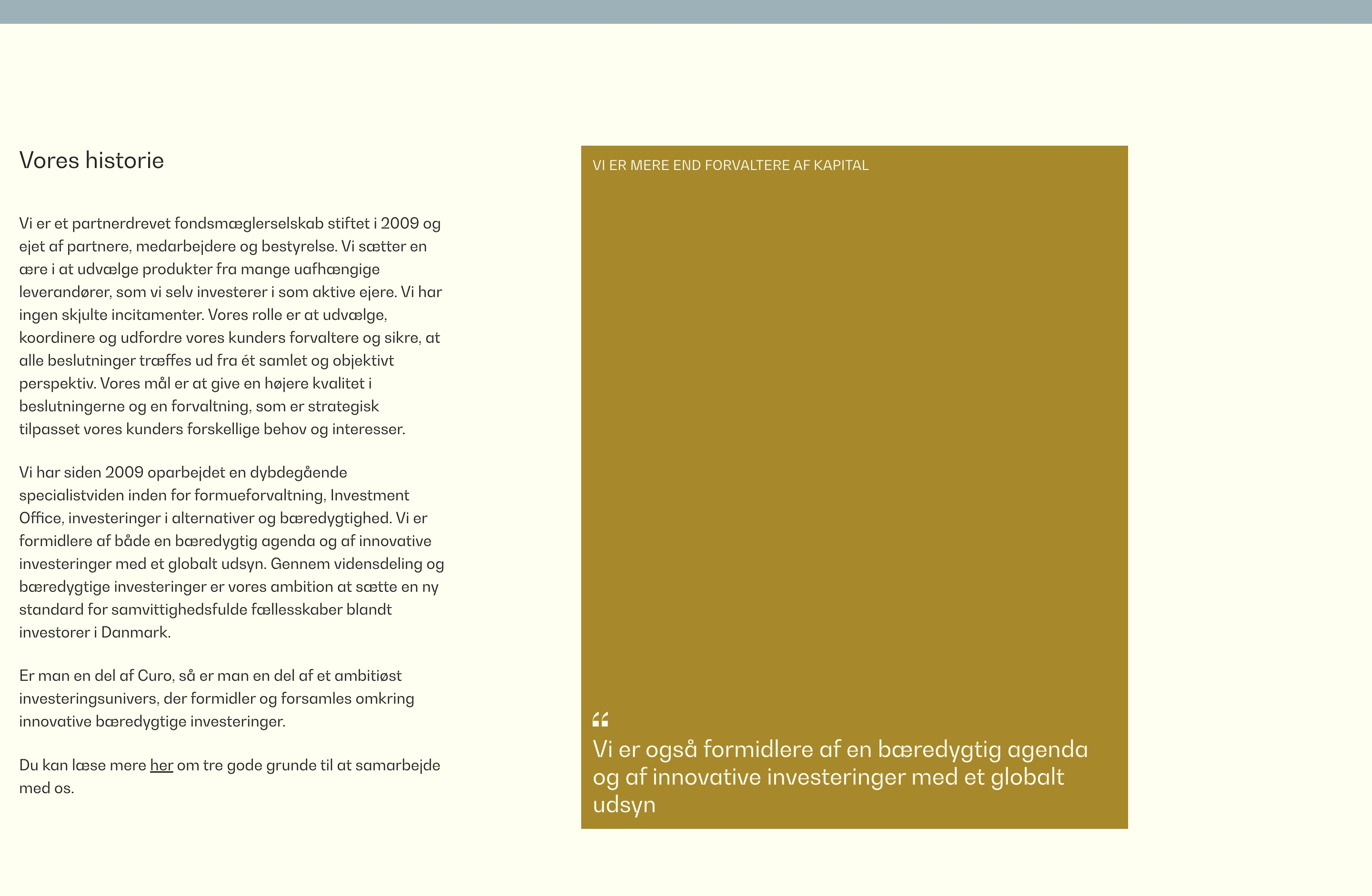 Curo Capital history section with Danish body copy beside a mustard panel holding a white quote