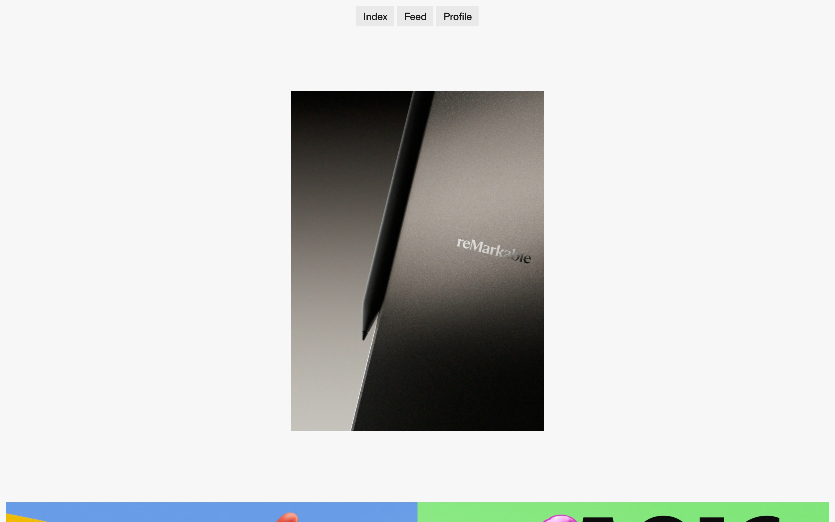 PostNew hero with Index, Feed, Profile buttons above a centered photo of a reMarkable tablet and stylus.