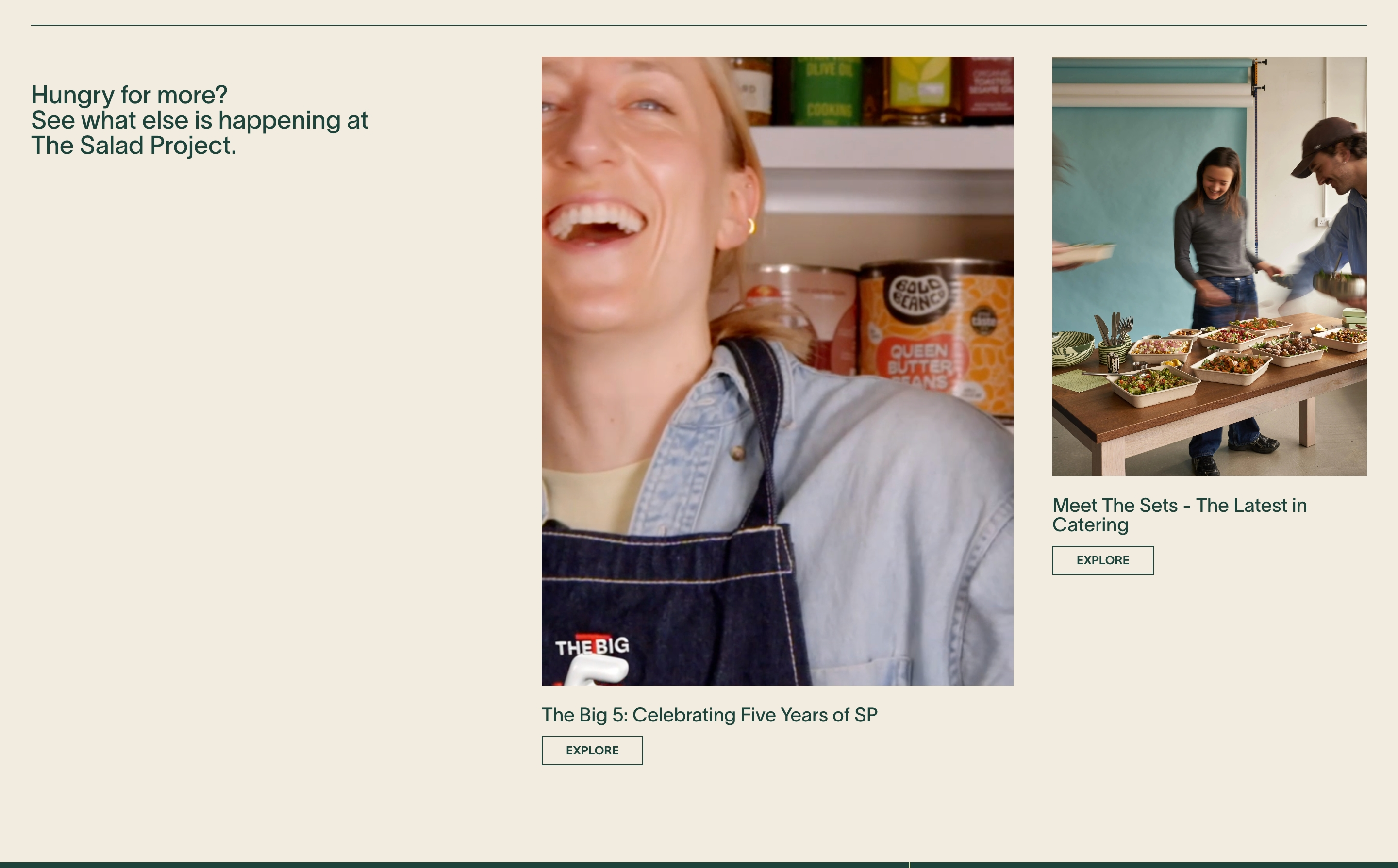 The Salad Project news highlights on cream, with a large laughing staff portrait and a smaller catering photo plus Explore buttons.