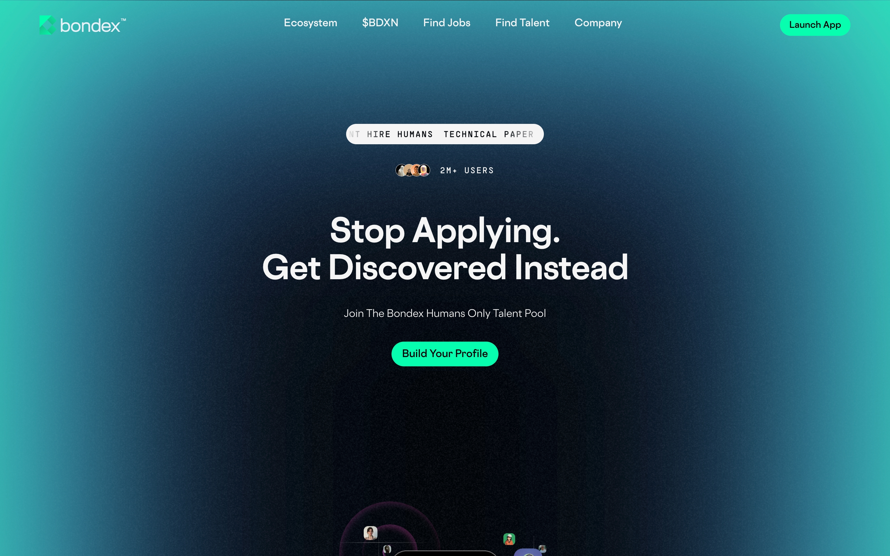 Bondex hero with teal-navy gradient, centered Stop Applying headline, avatars, and Build Your Profile button