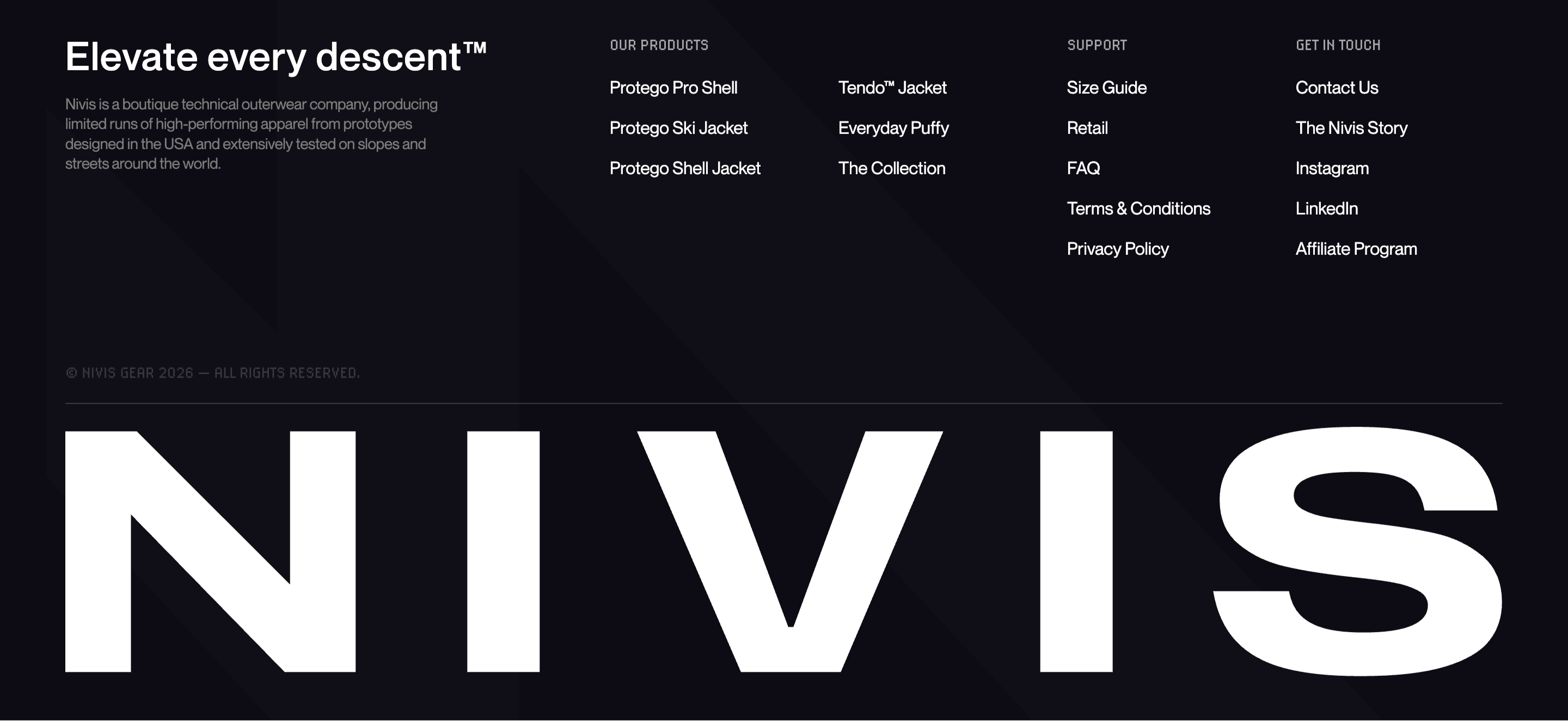 Nivis Gear footer with brand copy, product and support links, and a huge white NIVIS wordmark on black.