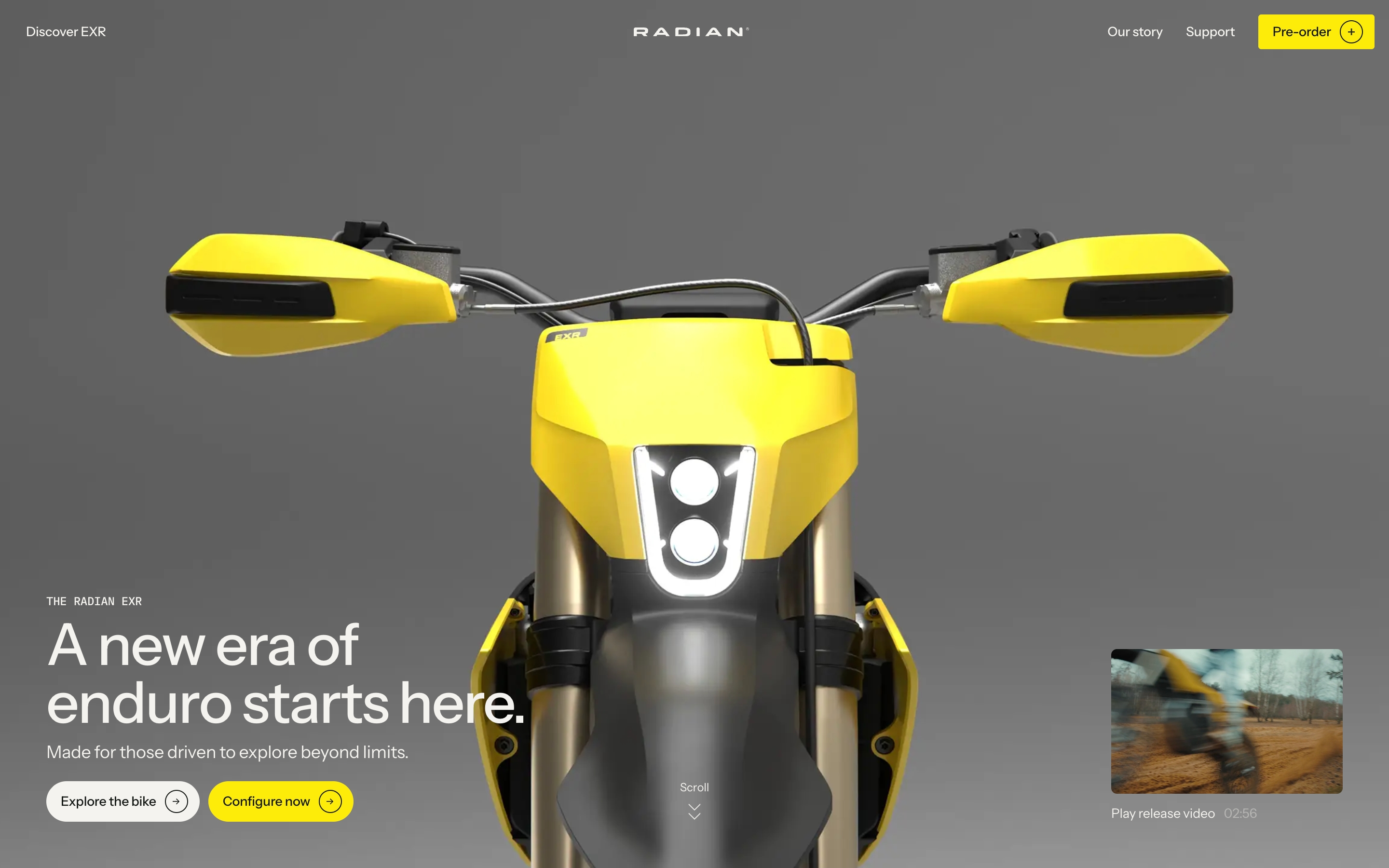 Radian homepage hero: front view of a yellow EXR motorcycle, headline, two CTAs, and a release video still.
