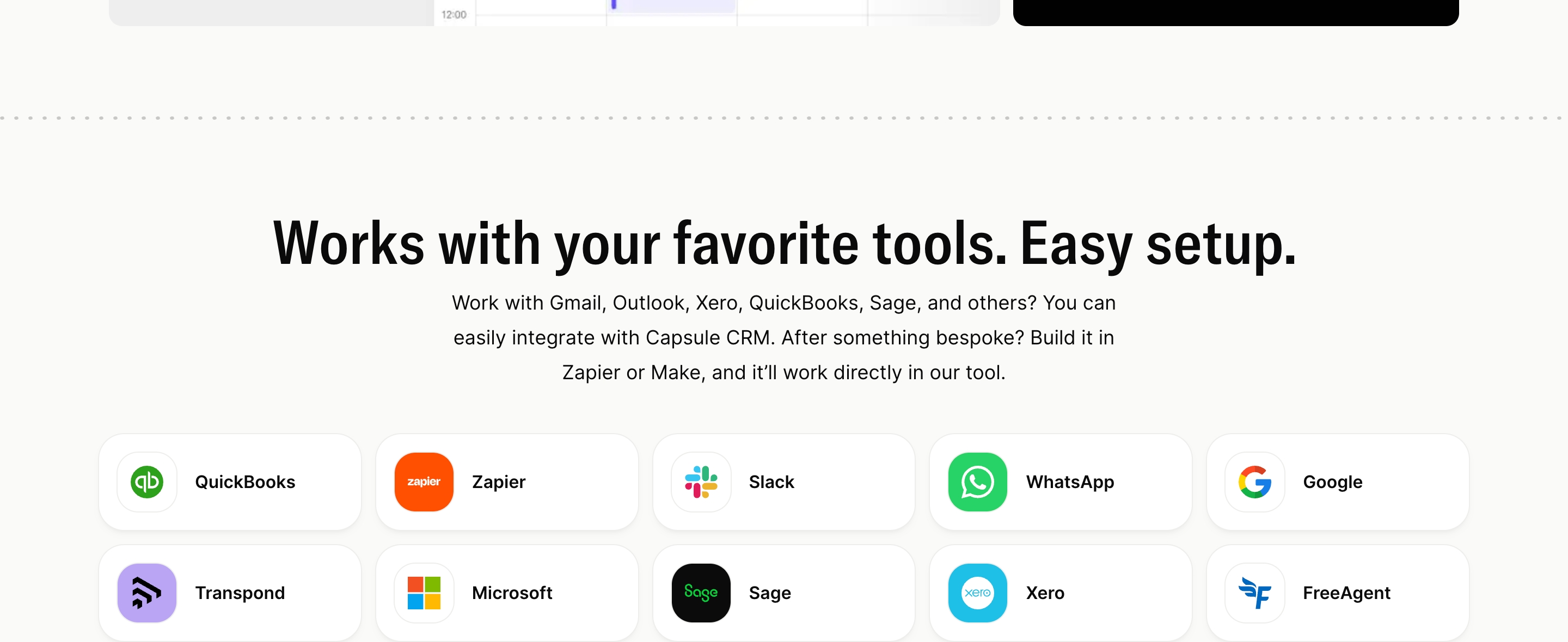 Capsule CRM integrations list: centered headline and grid of rounded logo cards for QuickBooks, Zapier, Slack, Google
