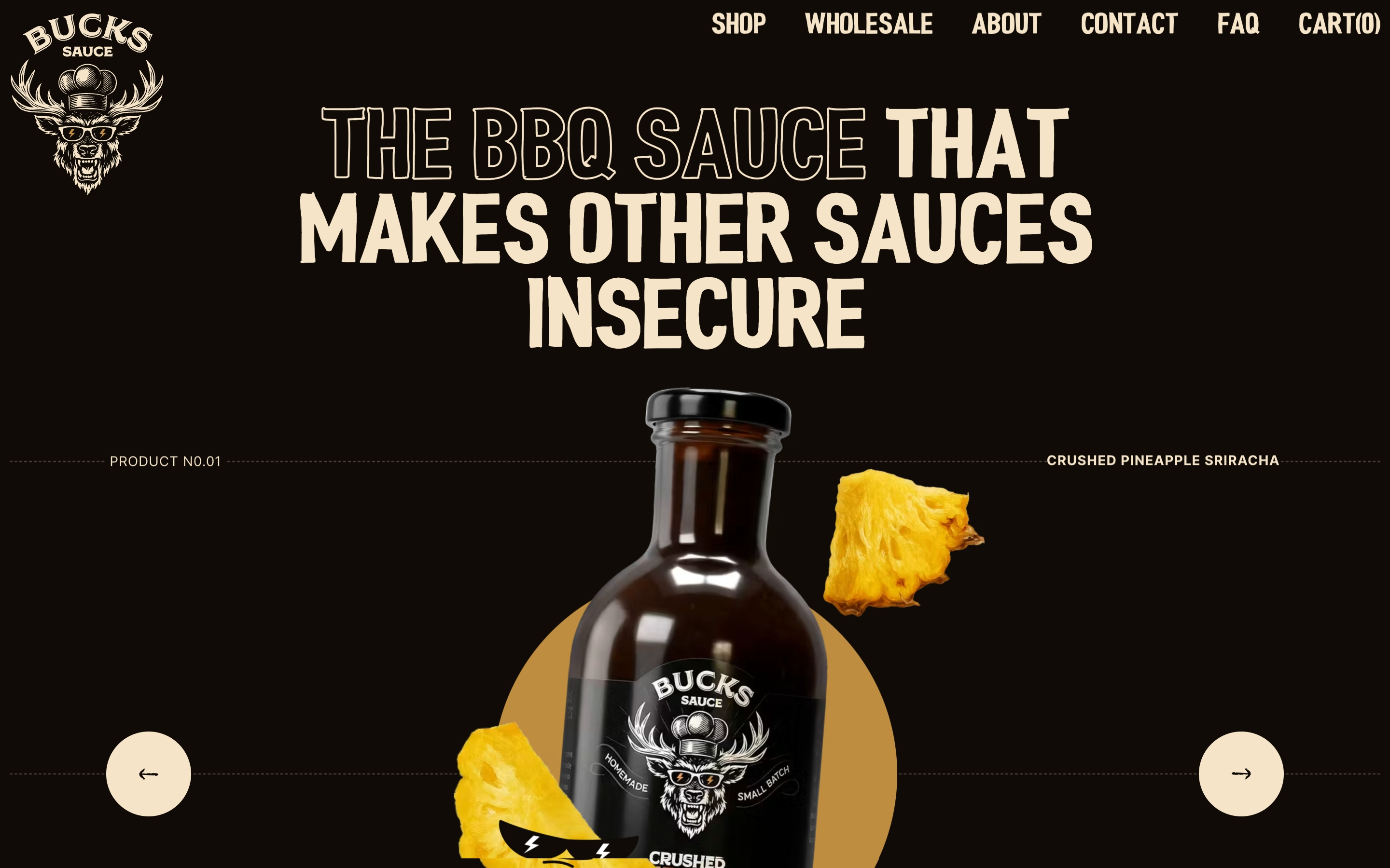 Bucks Sauce hero with cream headline, dark field, and pineapple sriracha bottle.