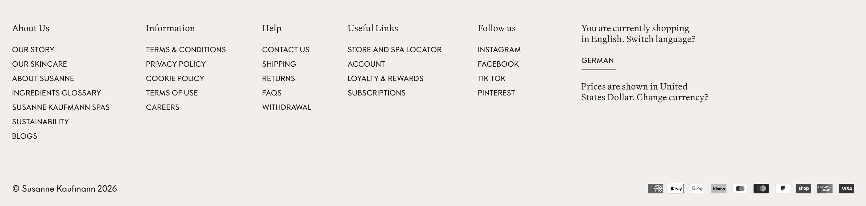 Susanne Kaufmann footer with multi-column nav, legal and social links, language and currency, copyright, payment logos