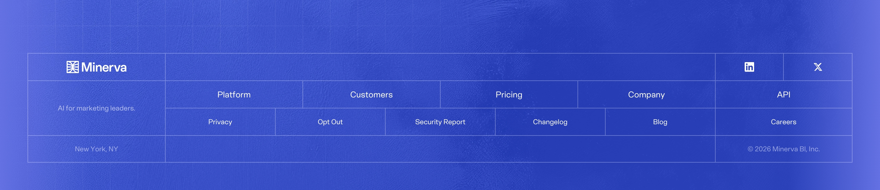 Minerva footer: blue grid with logo, AI tagline, nav links, LinkedIn and X, New York, NY, and copyright.