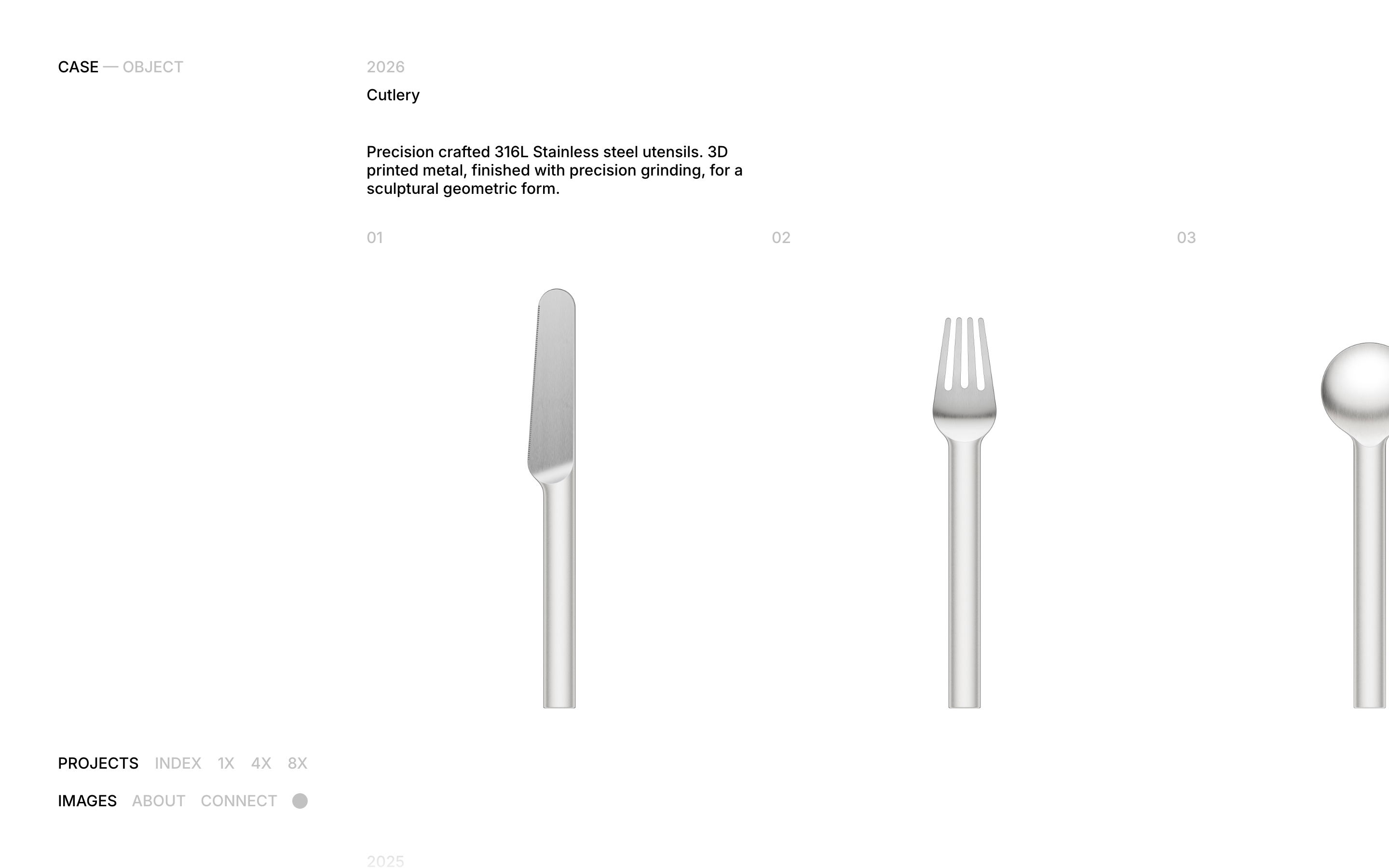 Case Object hero: 2026 Cutlery copy above knife, fork, and cropped spoon photos on white, with bottom-left nav.