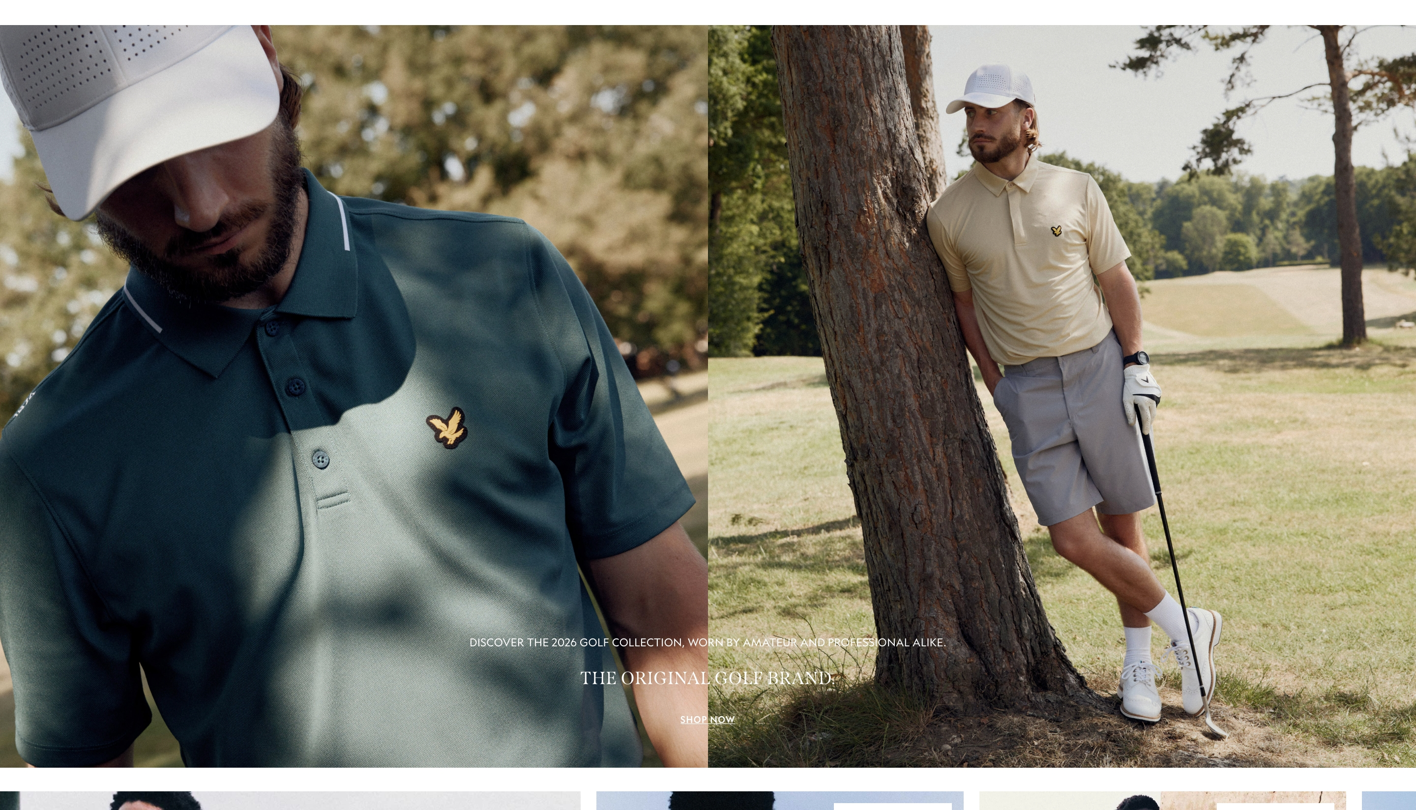 Lyle and Scott golf promo with split photos of a green polo close-up and a golfer by a tree, plus headline.