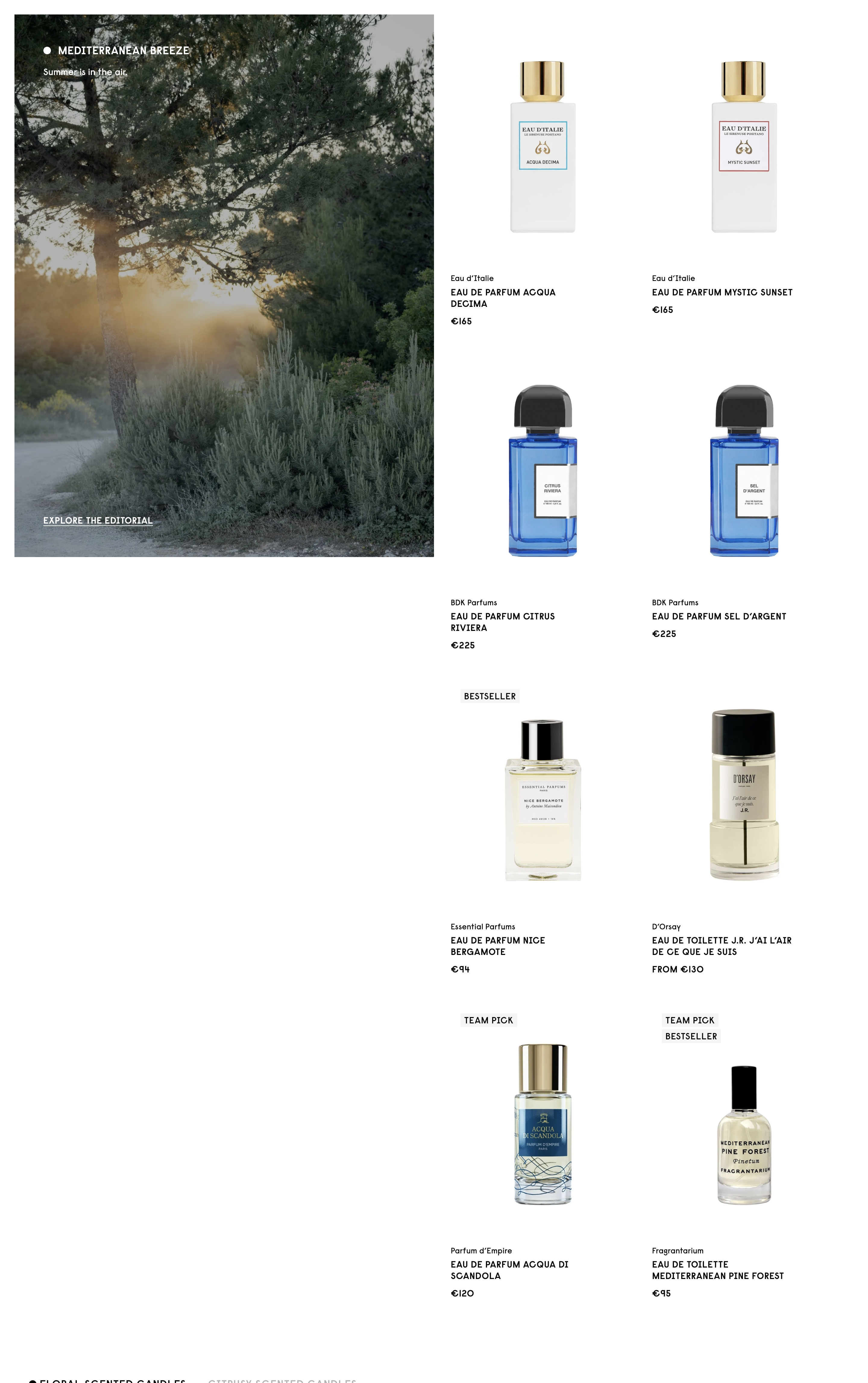 Duft und Kultur featured section: Mediterranean Breeze landscape editorial beside a two-column perfume product grid.